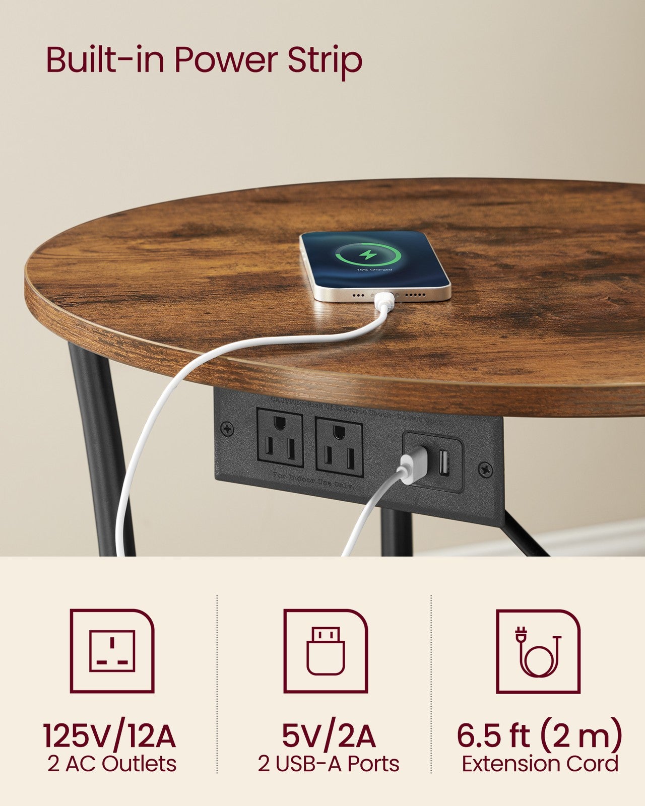 Side Table - 2-Tier Round End Table with Power Outlets - Rustic Brown