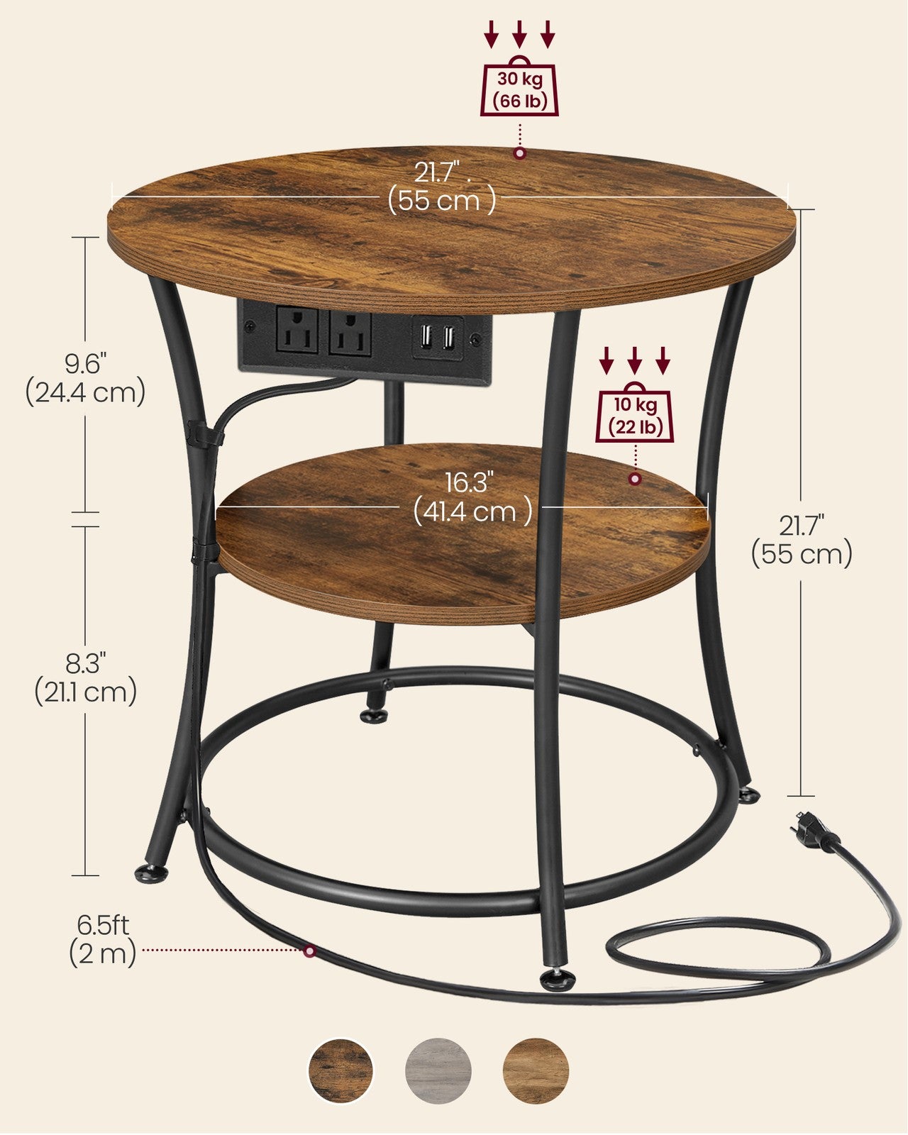 Side Table - 2-Tier Round End Table with Power Outlets - Rustic Brown