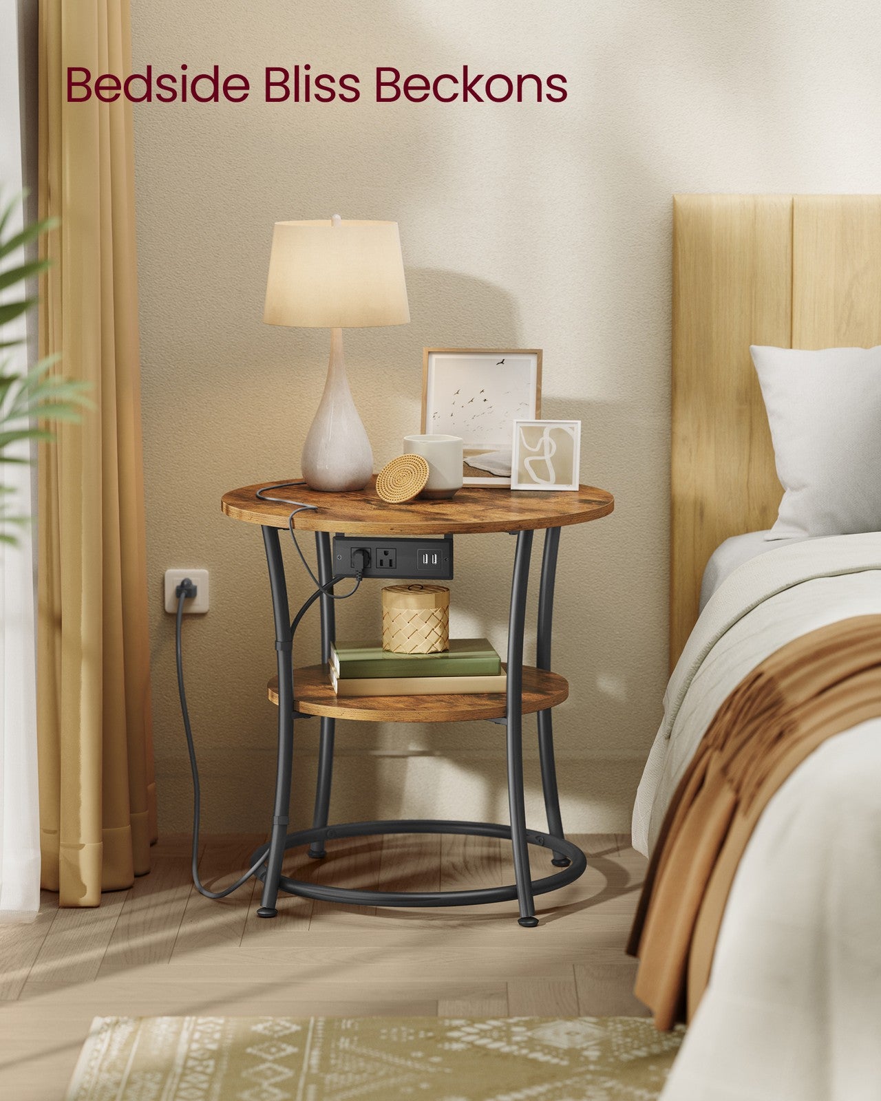 Side Table - 2-Tier Round End Table with Power Outlets - Rustic Brown
