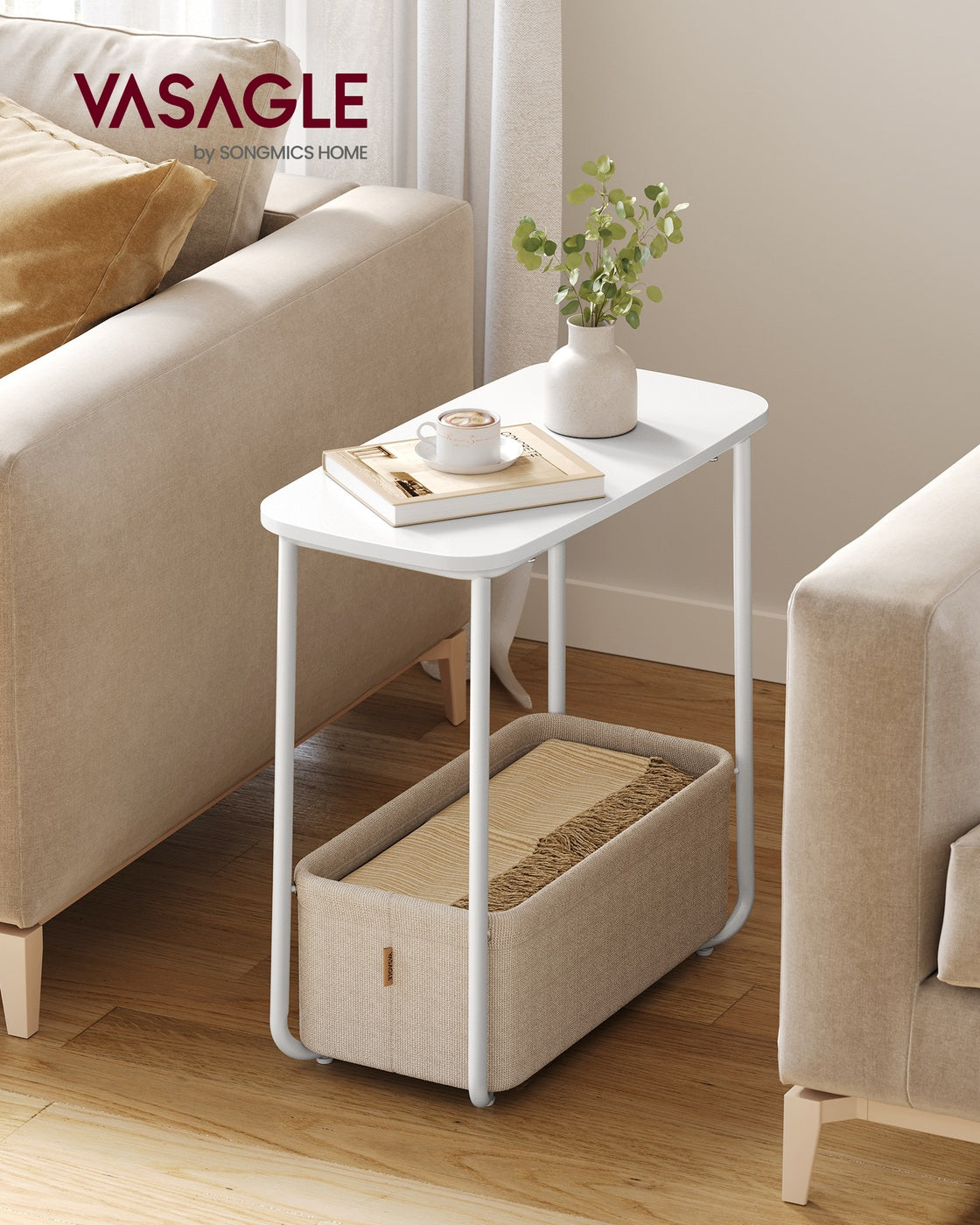 Rectangular Bedside Table with Fabric Basket