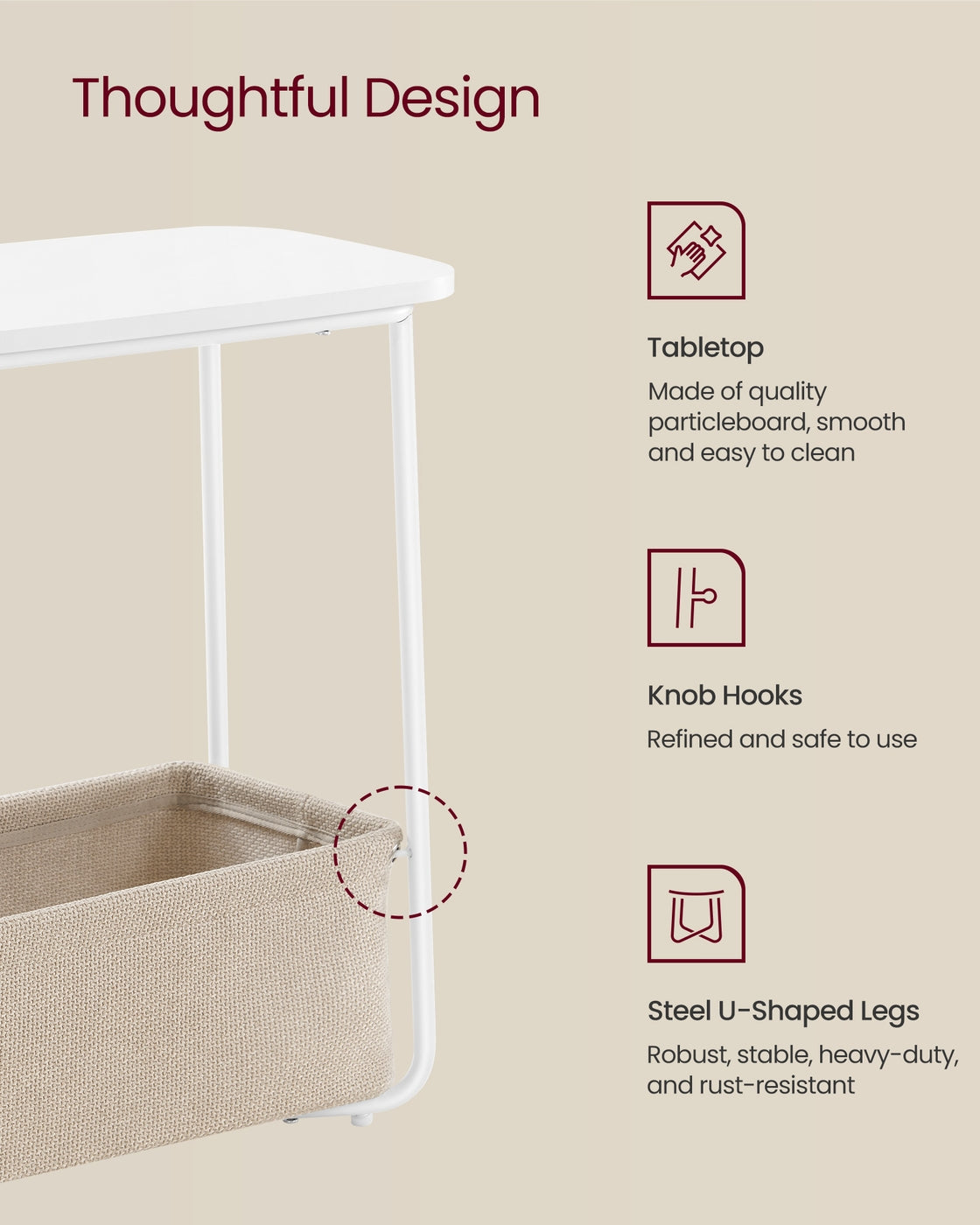 Rectangular Bedside Table with Fabric Basket