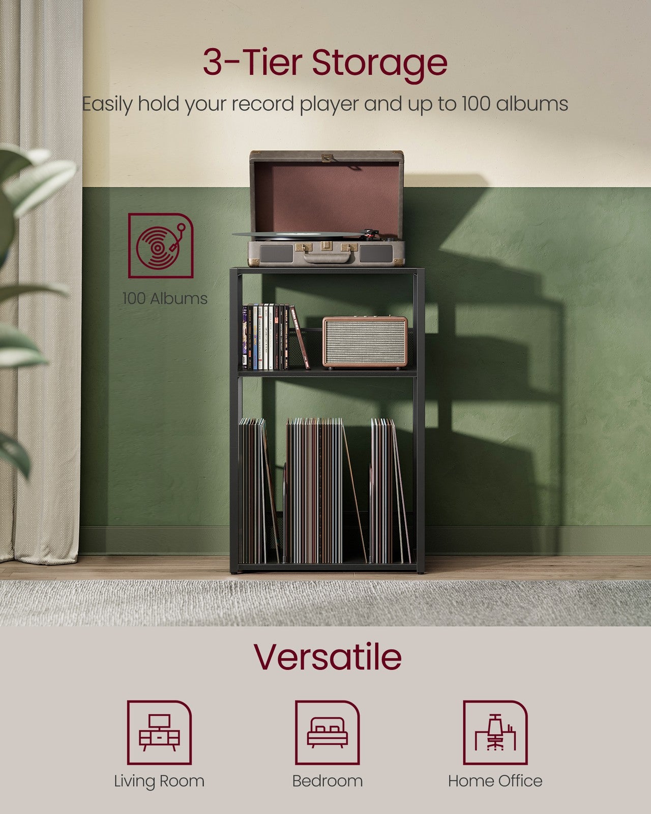 3-Tier Side Table - Vinyl Record Storage Up to 100 Albums - Ebony Black