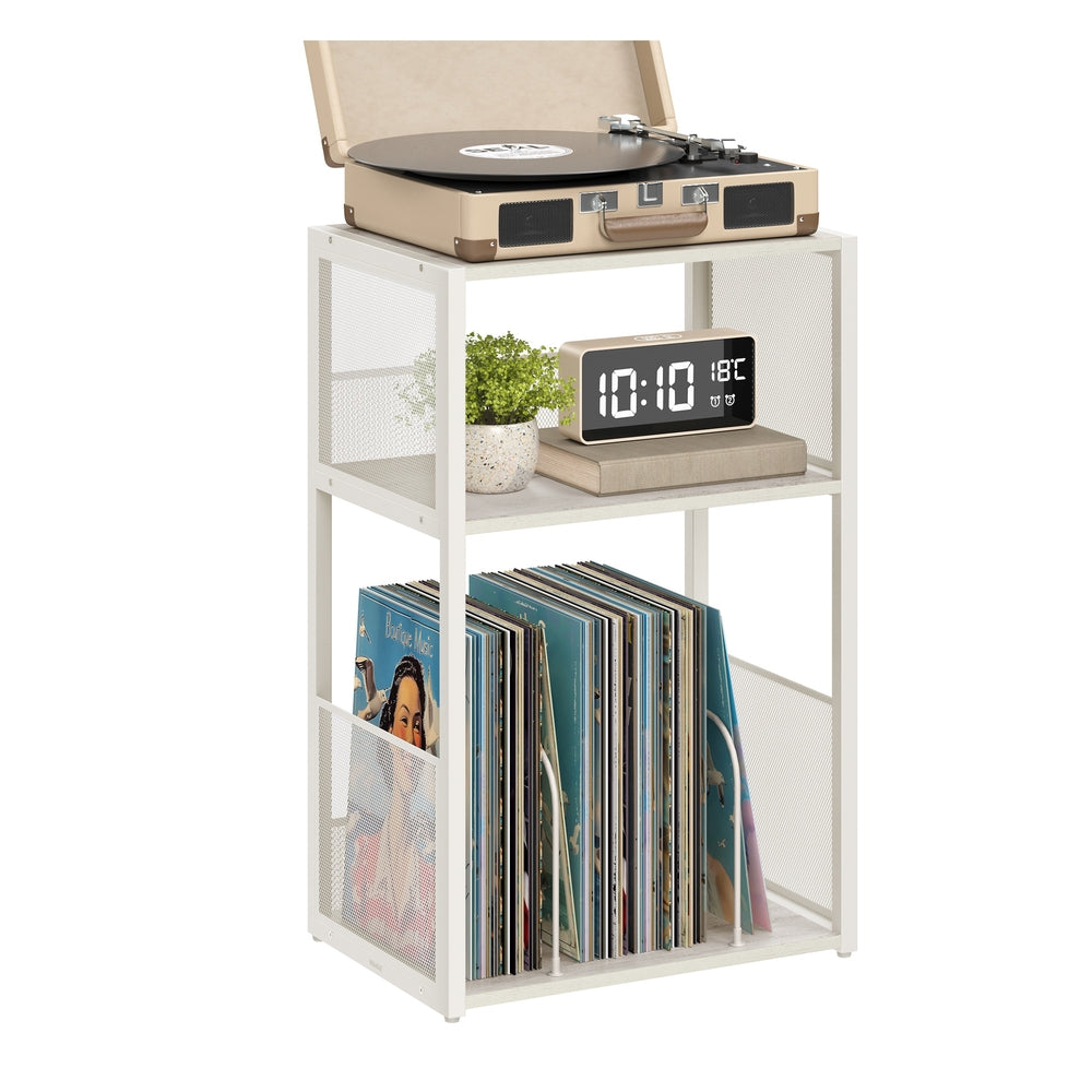 3-Tier Side Table - Vinyl Record Storage Up to 100 Albums - Rustic White