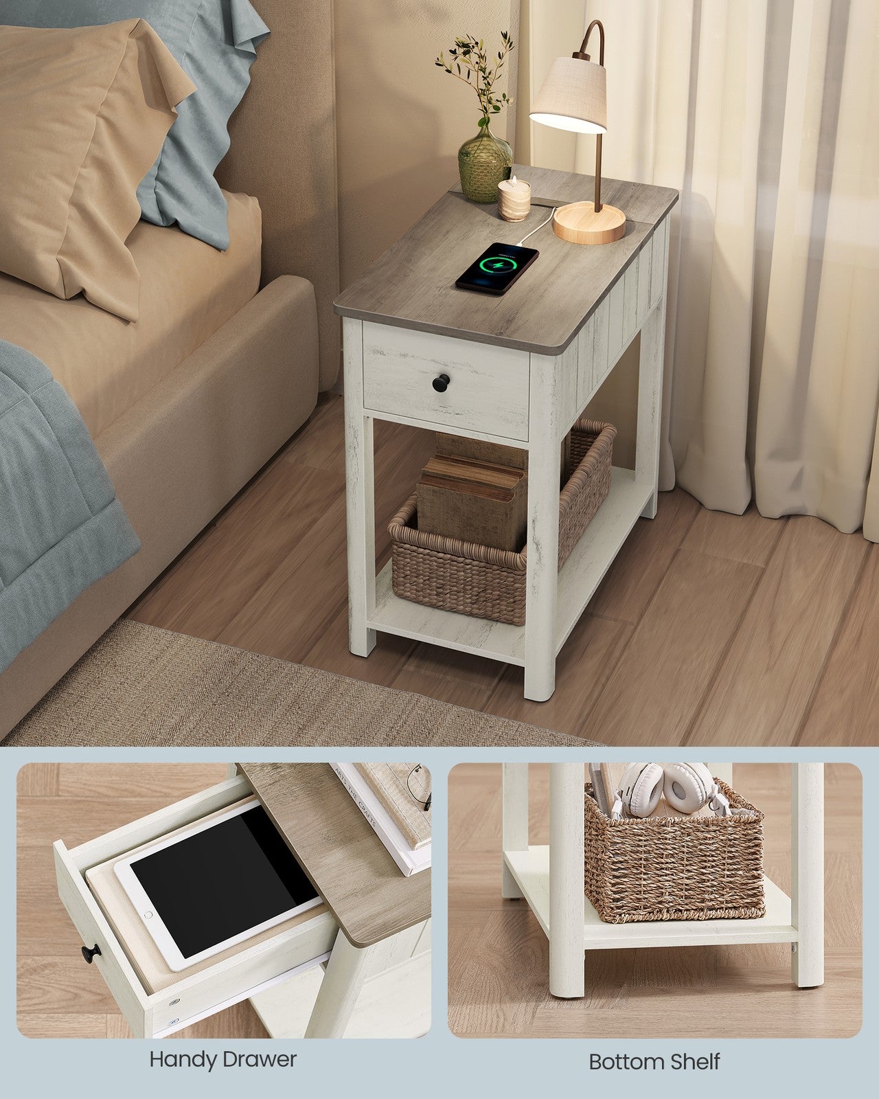 Side Table with Charging Station - Vintage White, Heather Greige