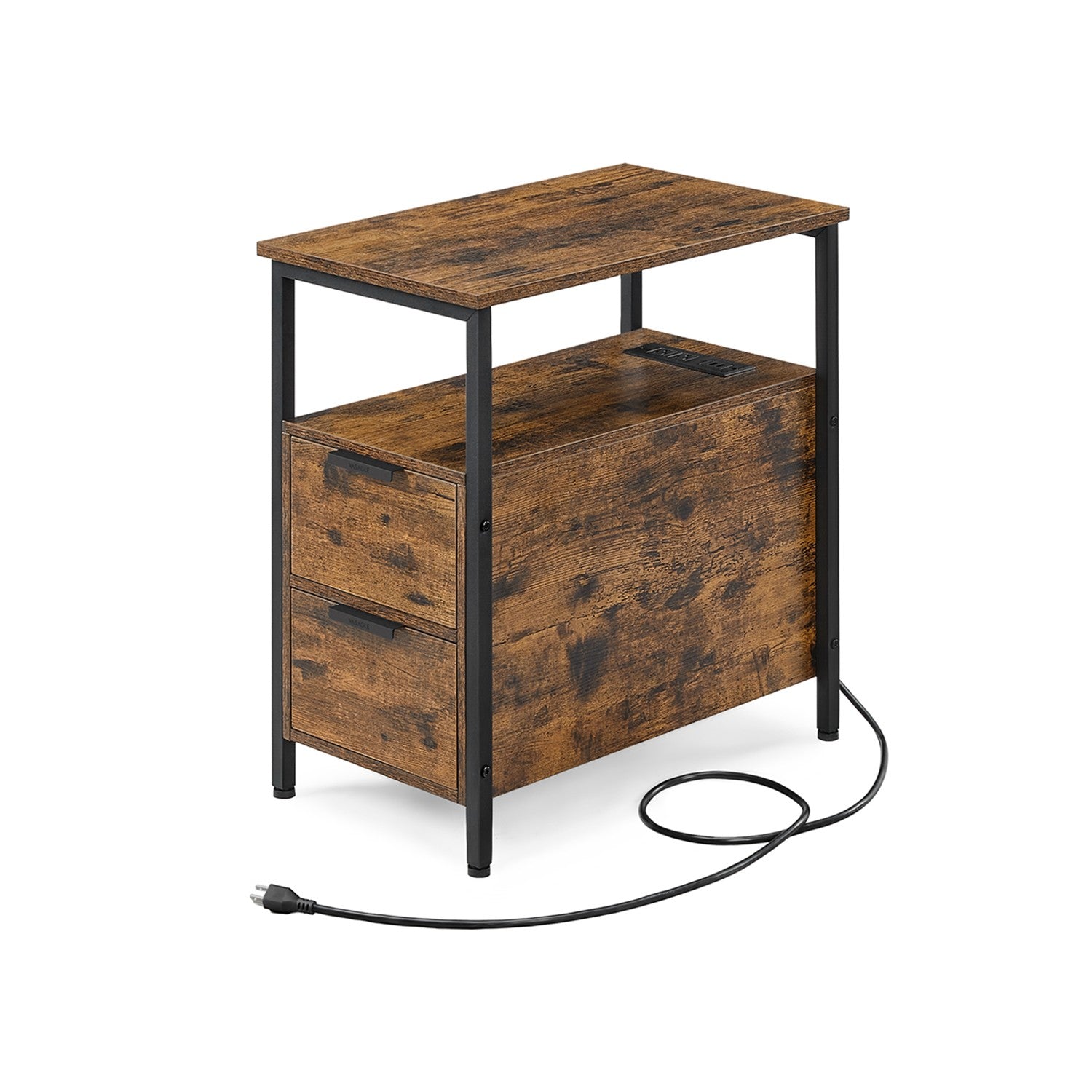 Narrow End Table with Charging Station and 2 Drawers - Rustic Brown, Black