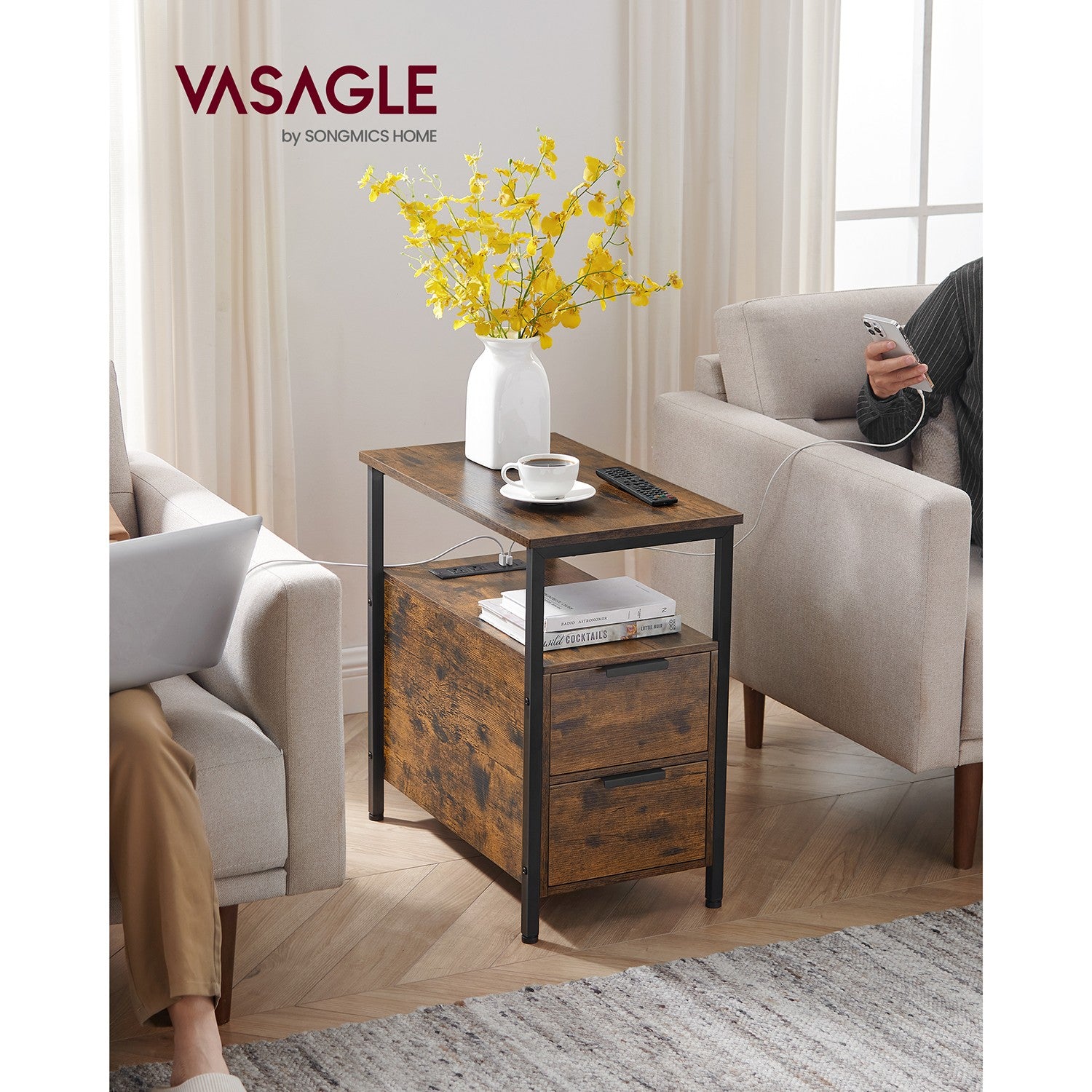 Narrow End Table with Charging Station and 2 Drawers - Rustic Brown, Black
