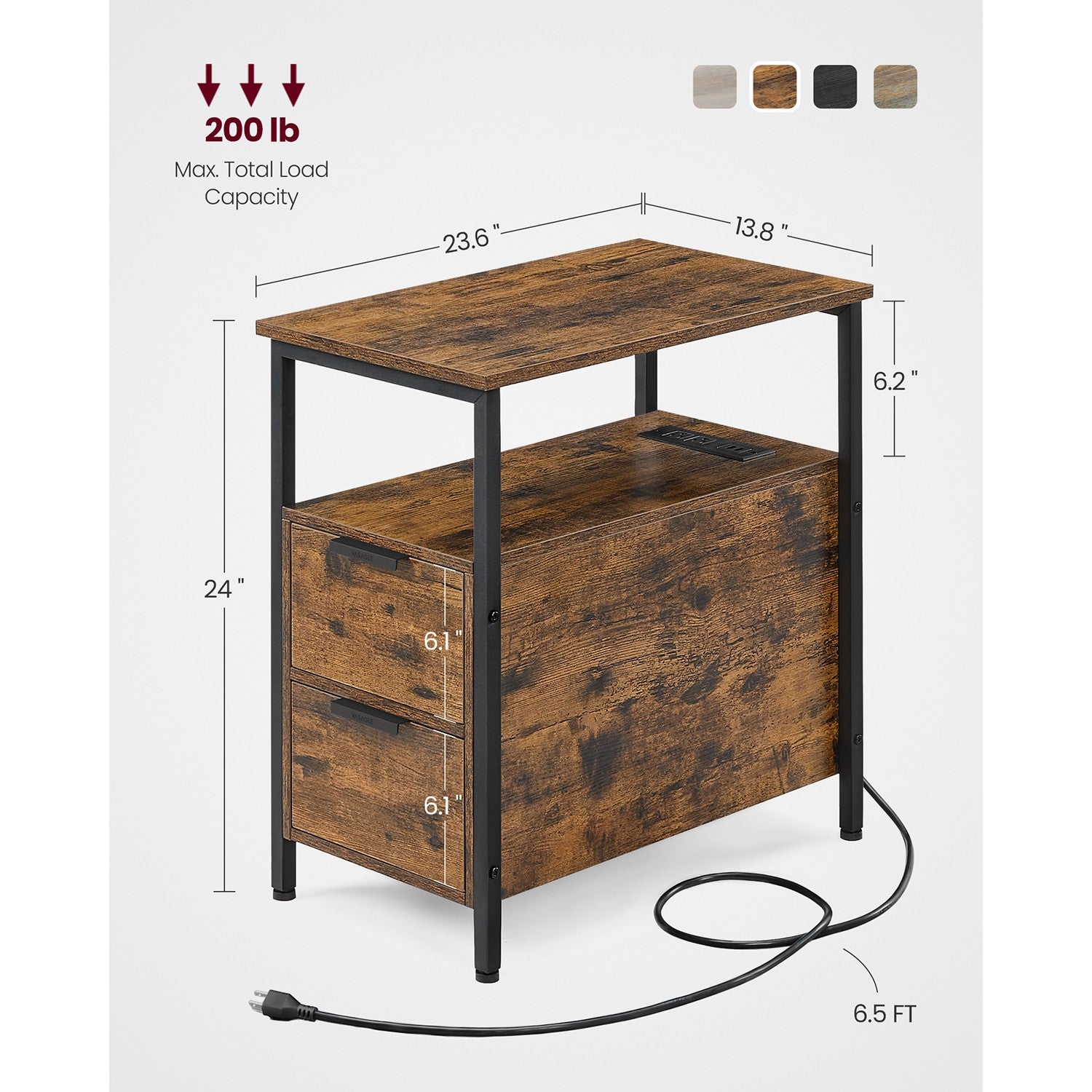 Narrow End Table with Charging Station and 2 Drawers - Rustic Brown, Black