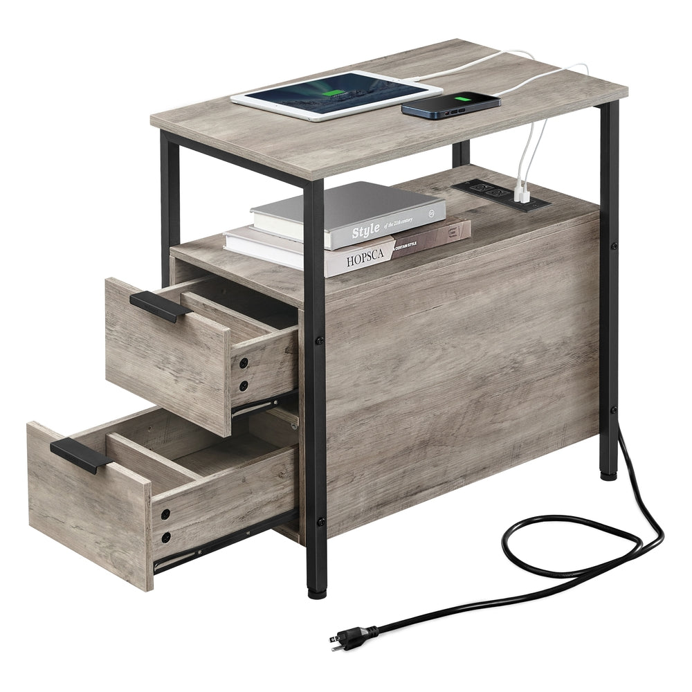 Narrow End Table with Charging Station and 2 Drawers - Greige, Black