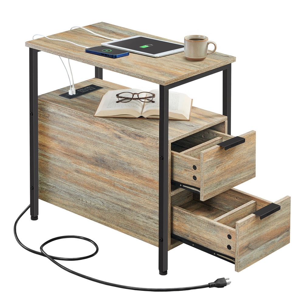 Narrow End Table with Charging Station and 2 Drawers - Oak with Blue Grains, Black
