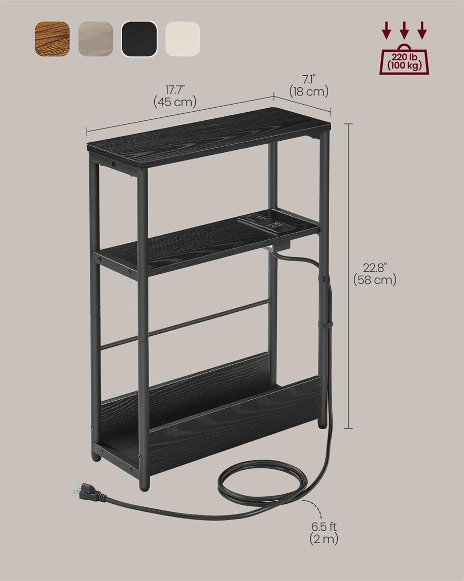 Narrow Side Table with Charging Station - Ebony Black, Ink Black