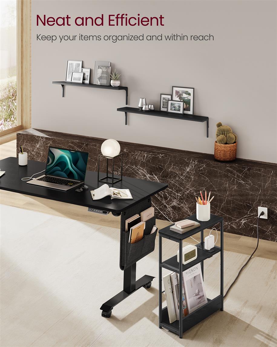 Narrow Side Table with Charging Station - Ebony Black, Ink Black