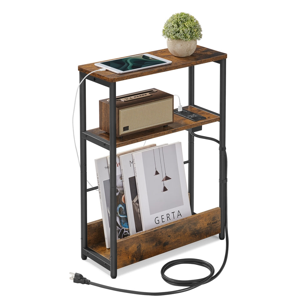 Narrow Side Table with Charging Station - Rustic Brown, Ink Black