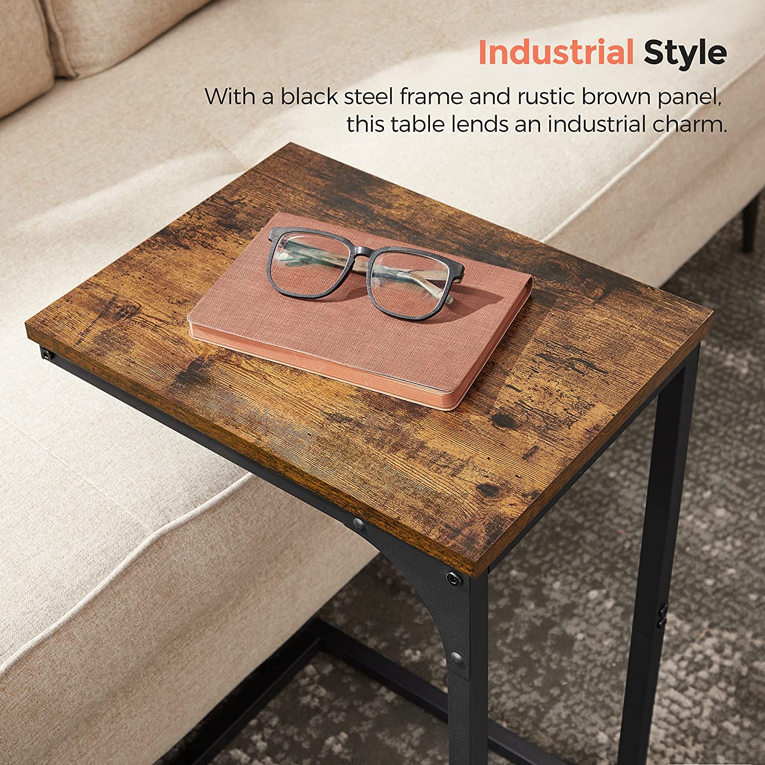 C-Shaped End Table - Rustic Brown, Black
