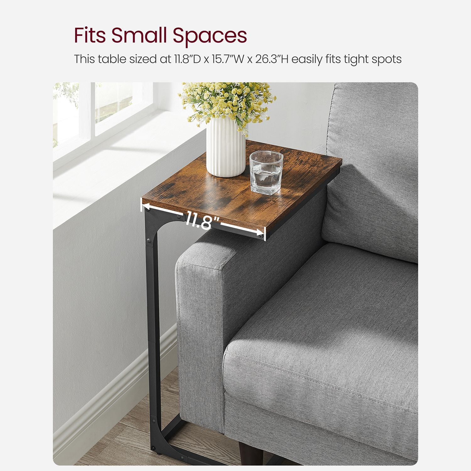C-Shaped End Table with Metal Frame - Rustic Brown, Black