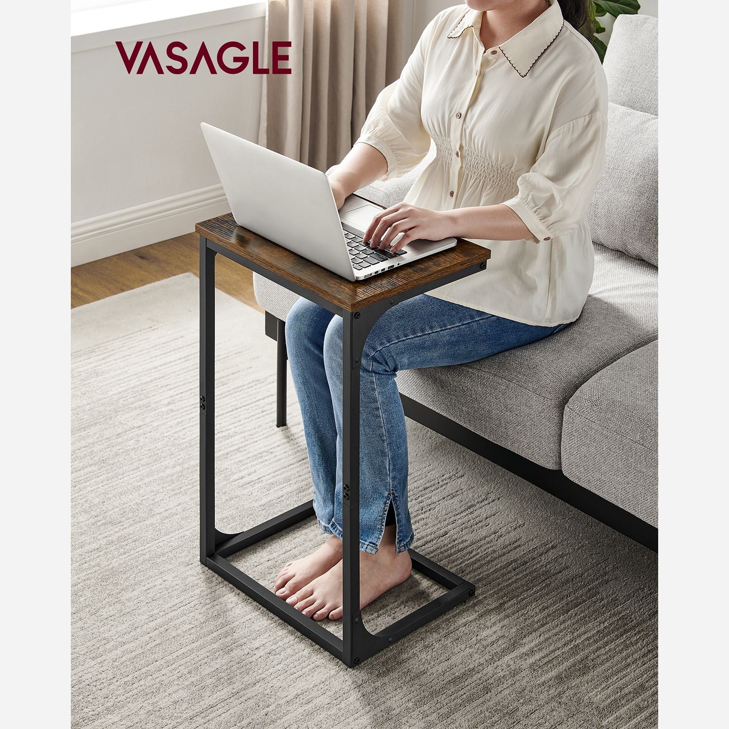 C-Shaped End Table with Metal Frame - Rustic Brown, Black