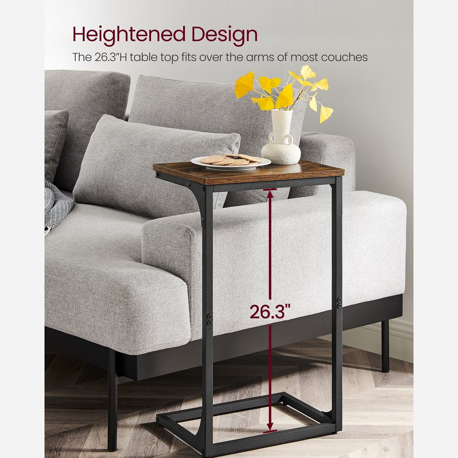 C-Shaped End Table with Metal Frame - Rustic Brown, Black