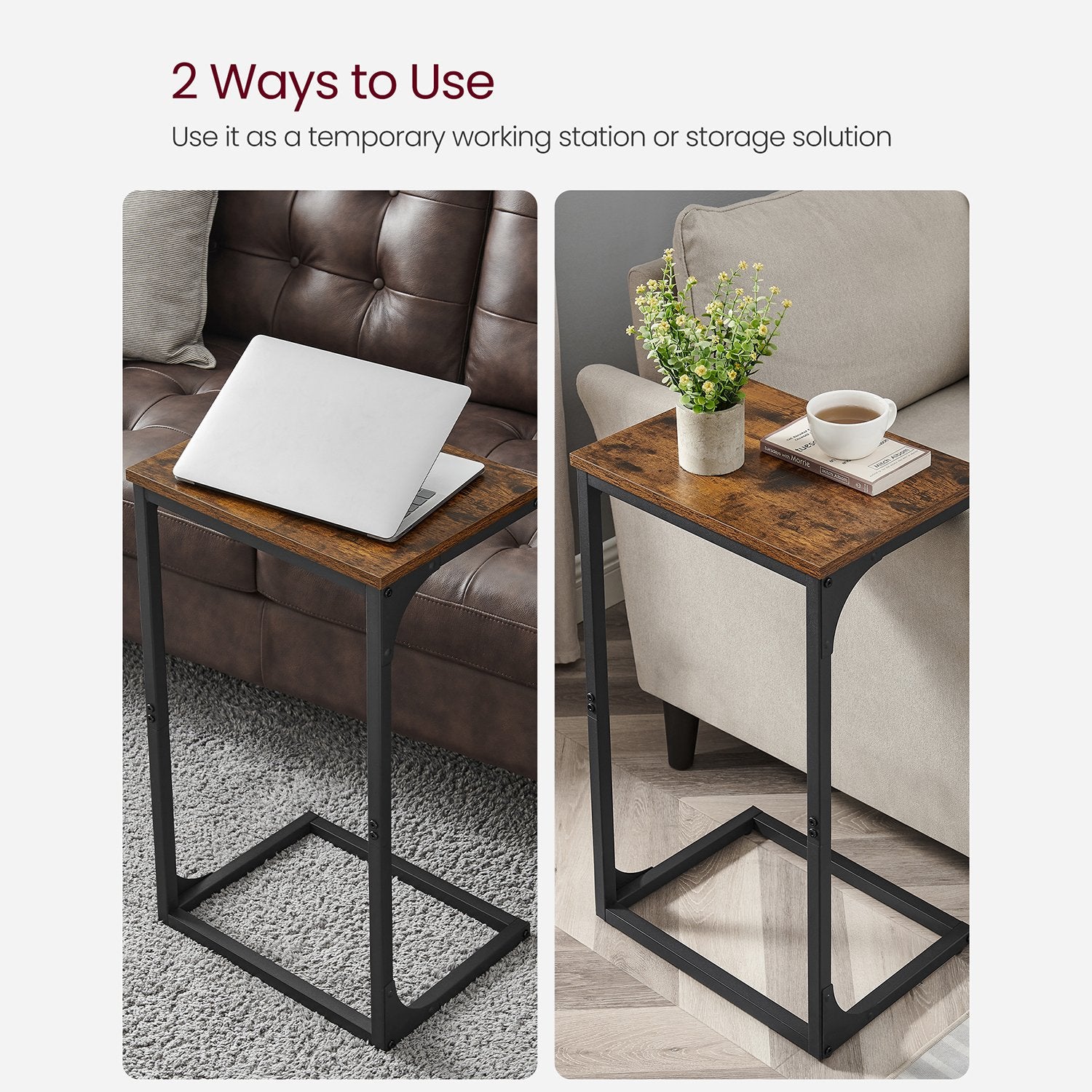 C-Shaped End Table with Metal Frame - Rustic Brown, Black