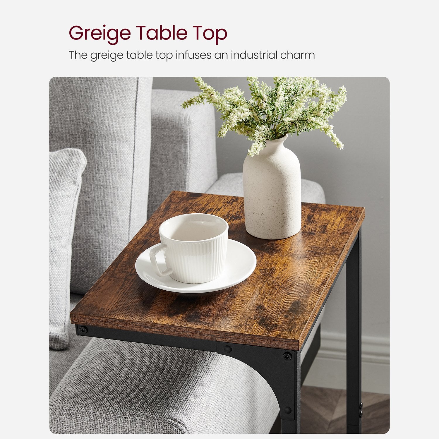 C-Shaped End Table with Metal Frame - Rustic Brown, Black