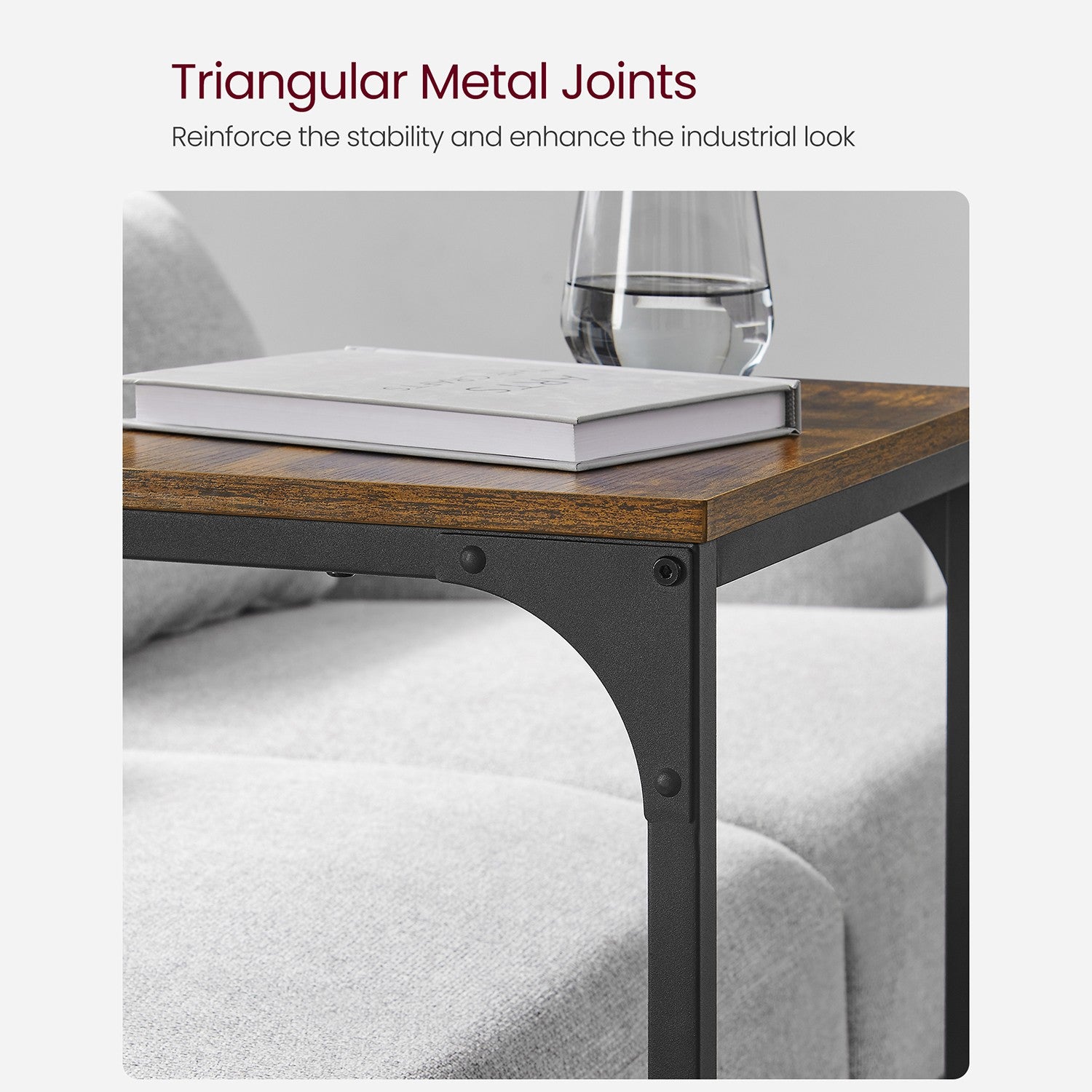 C-Shaped End Table with Metal Frame - Rustic Brown, Black