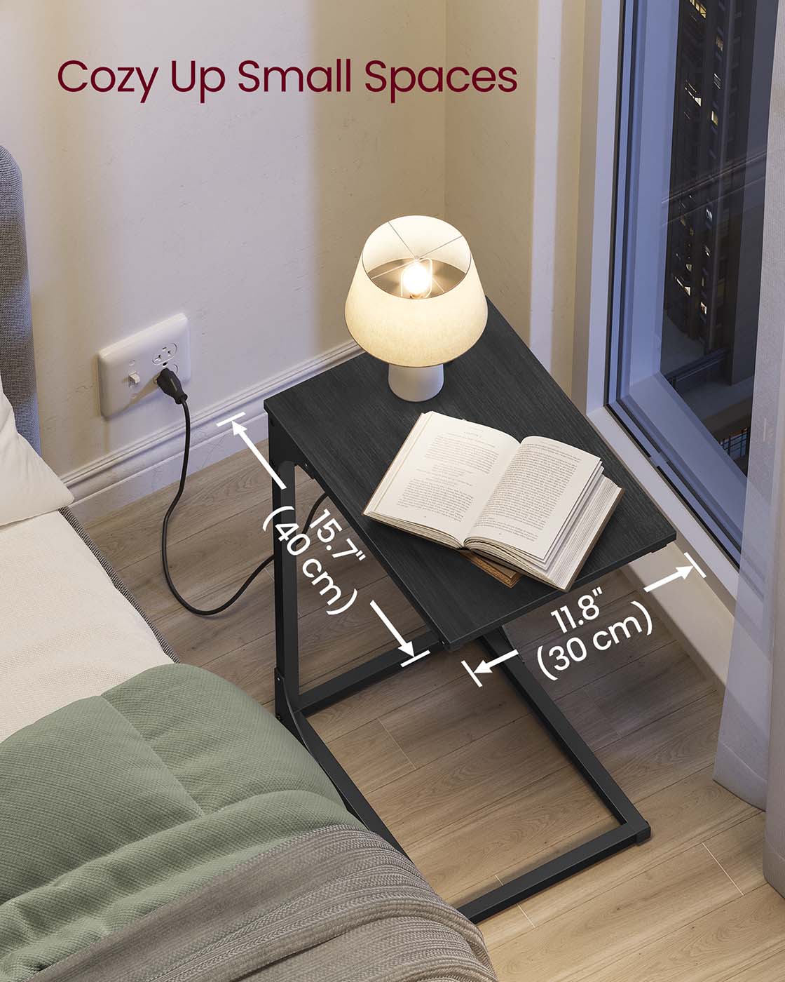 C-Shaped Side Table with Charging Station - Gray Oak