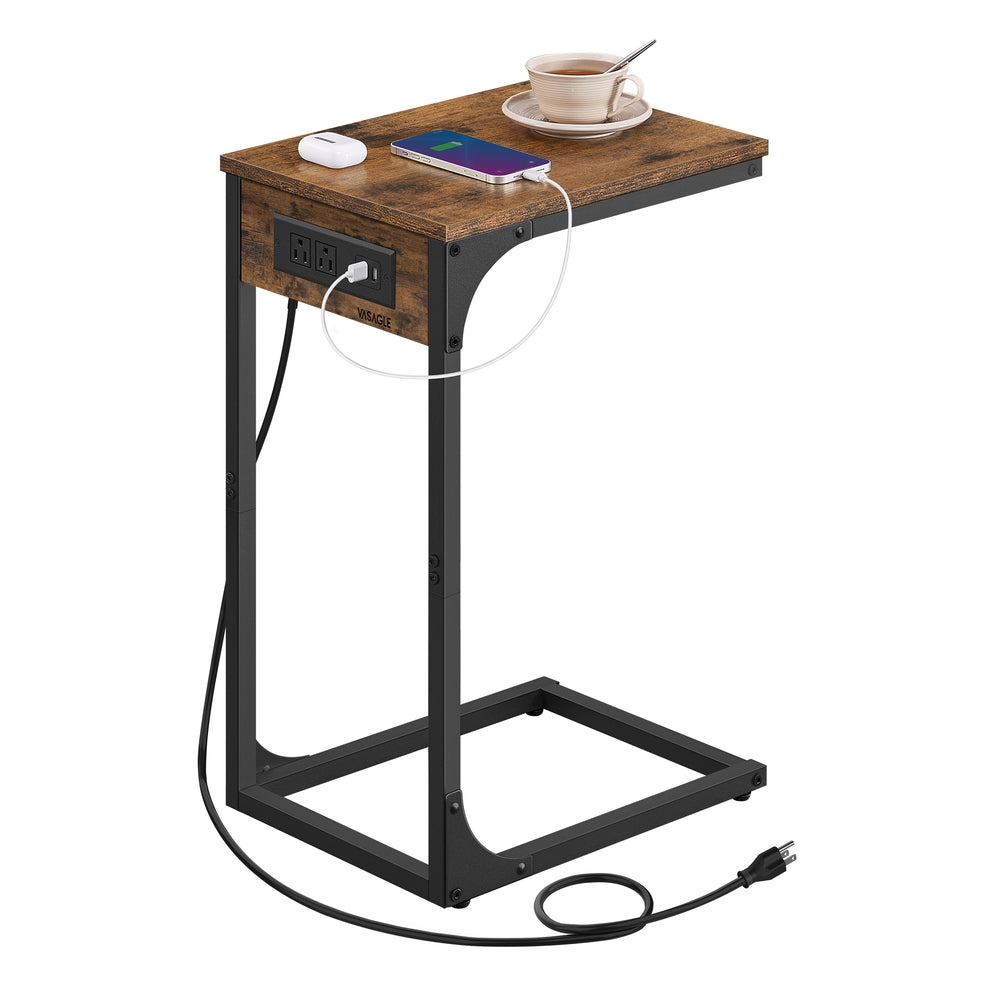 C-Shaped Side Table with Charging Station - Rustic Brown