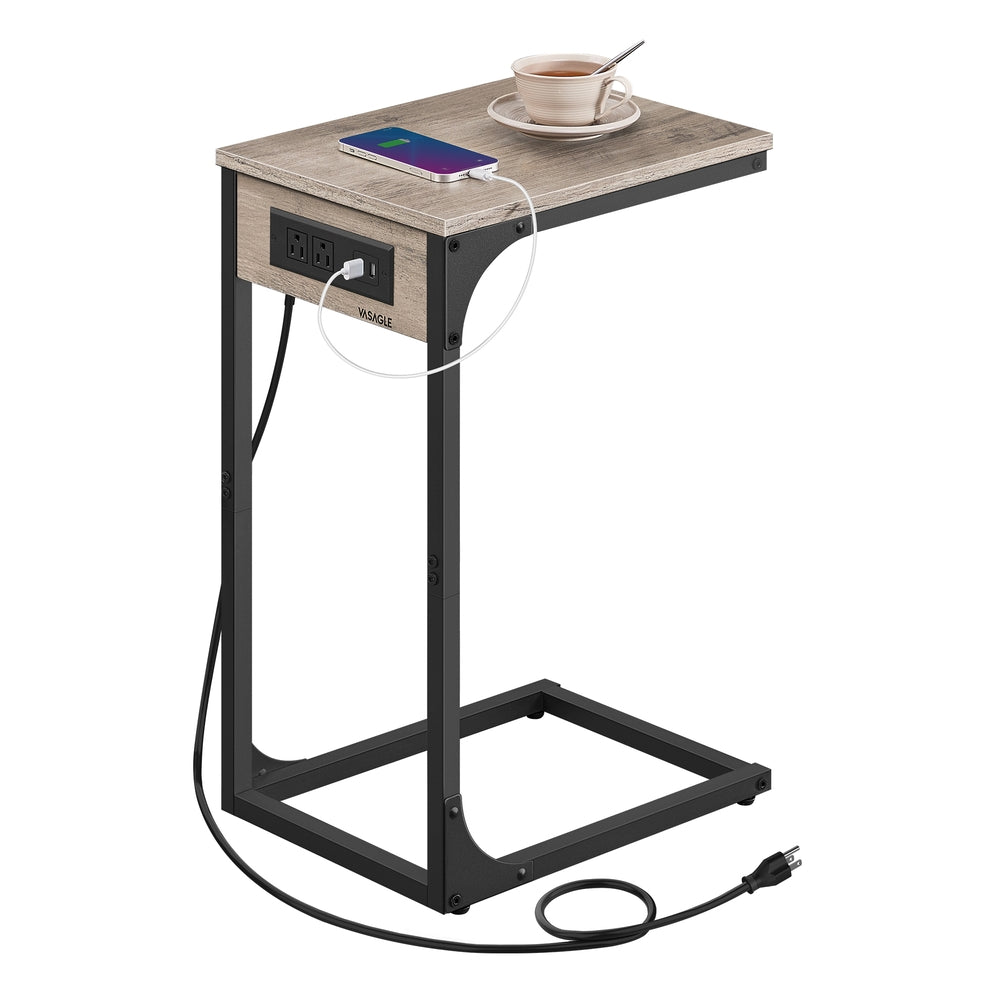 C-Shaped Side Table with Charging Station - Heather Greige