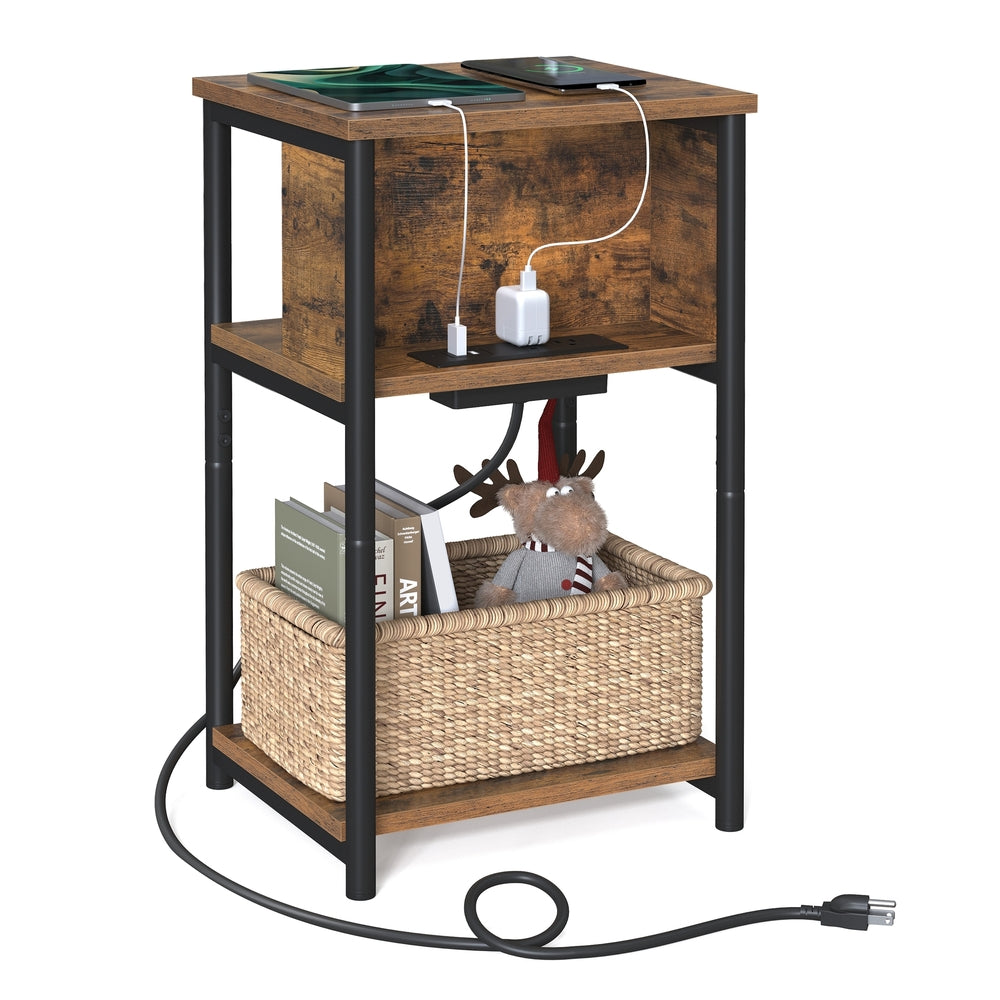 3-Tier End Table with USB Ports and Outlets - Rustic Brown, Black