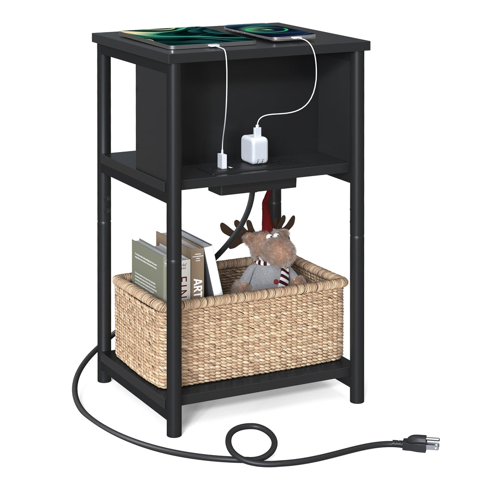 3-Tier End Table with USB Ports and Outlets - Black