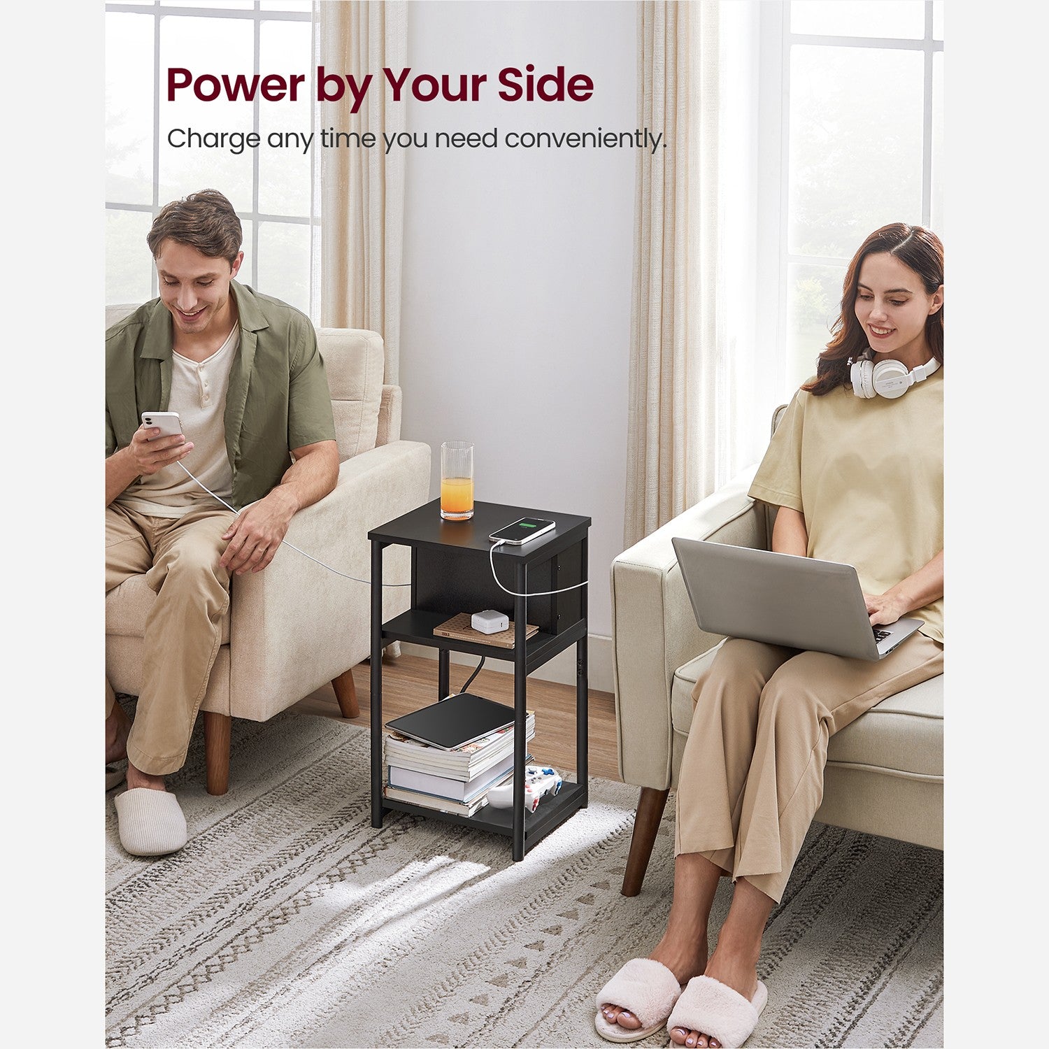 3-Tier End Table with USB Ports and Outlets - Black