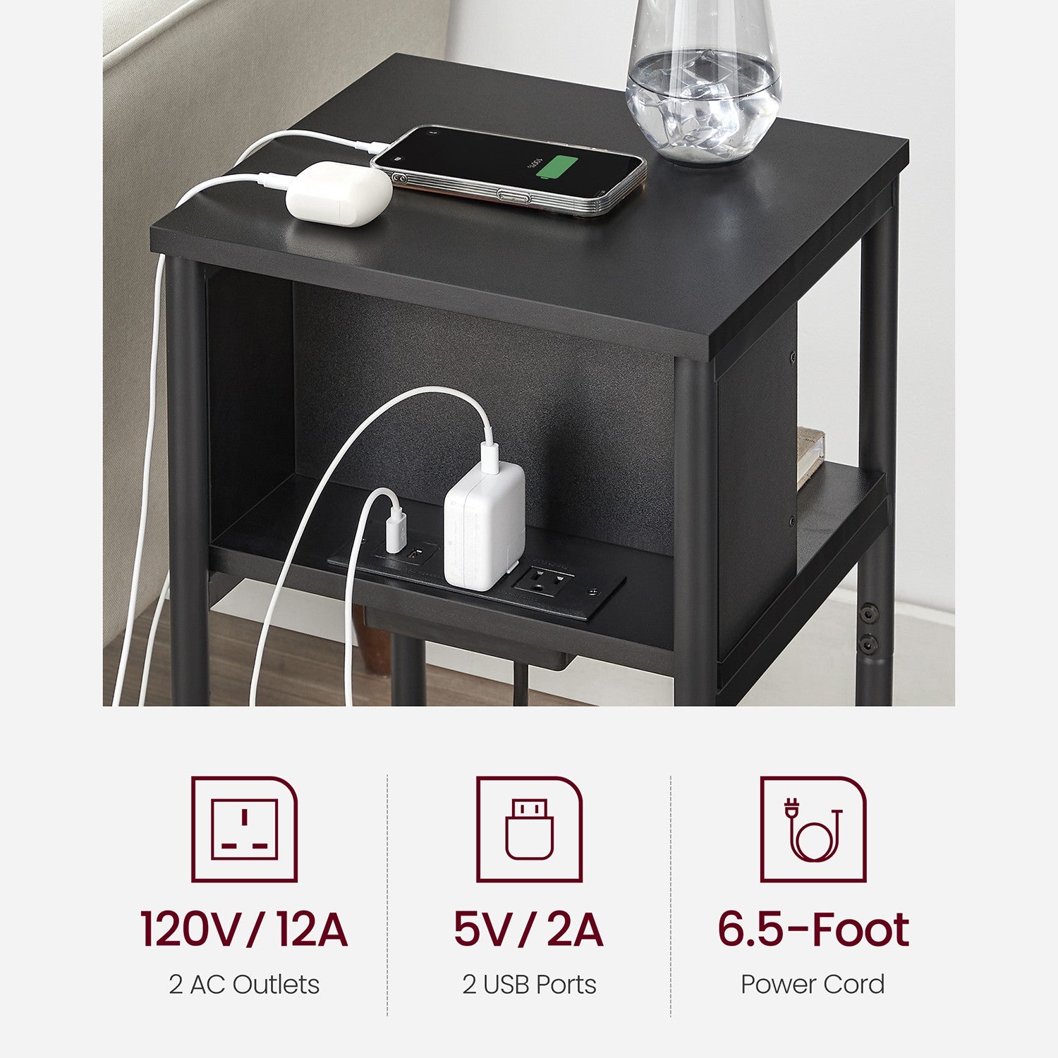 3-Tier End Table with USB Ports and Outlets - Black