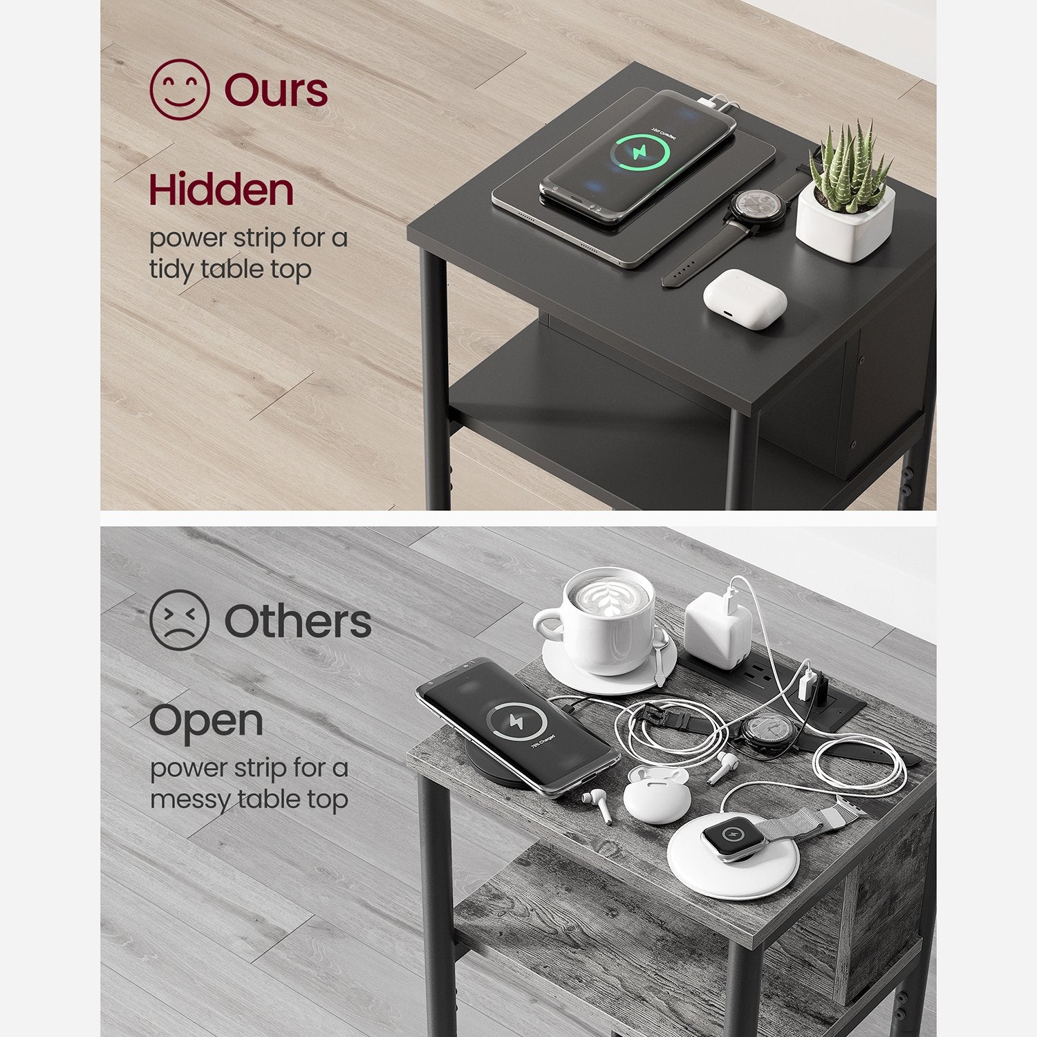 3-Tier End Table with USB Ports and Outlets - Black