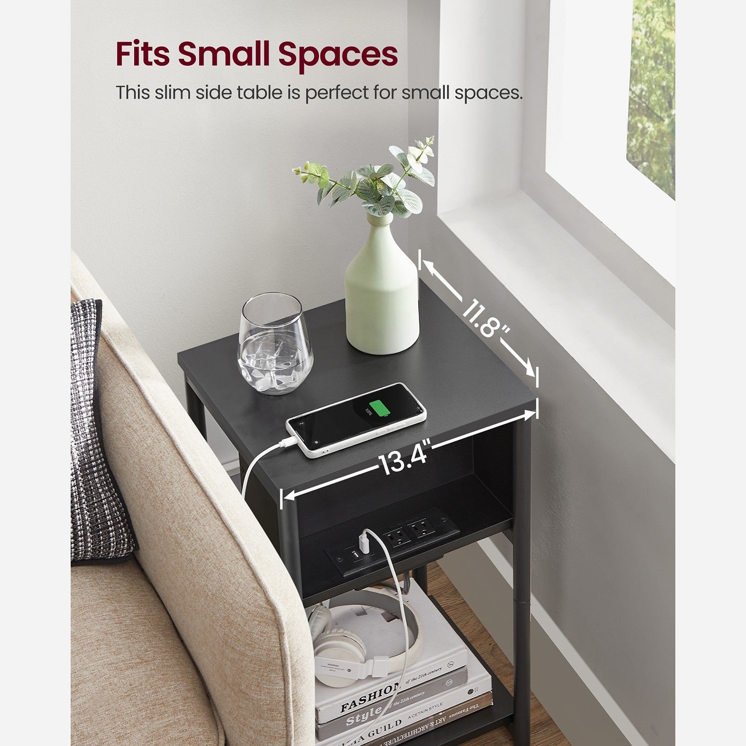 3-Tier End Table with USB Ports and Outlets - Black