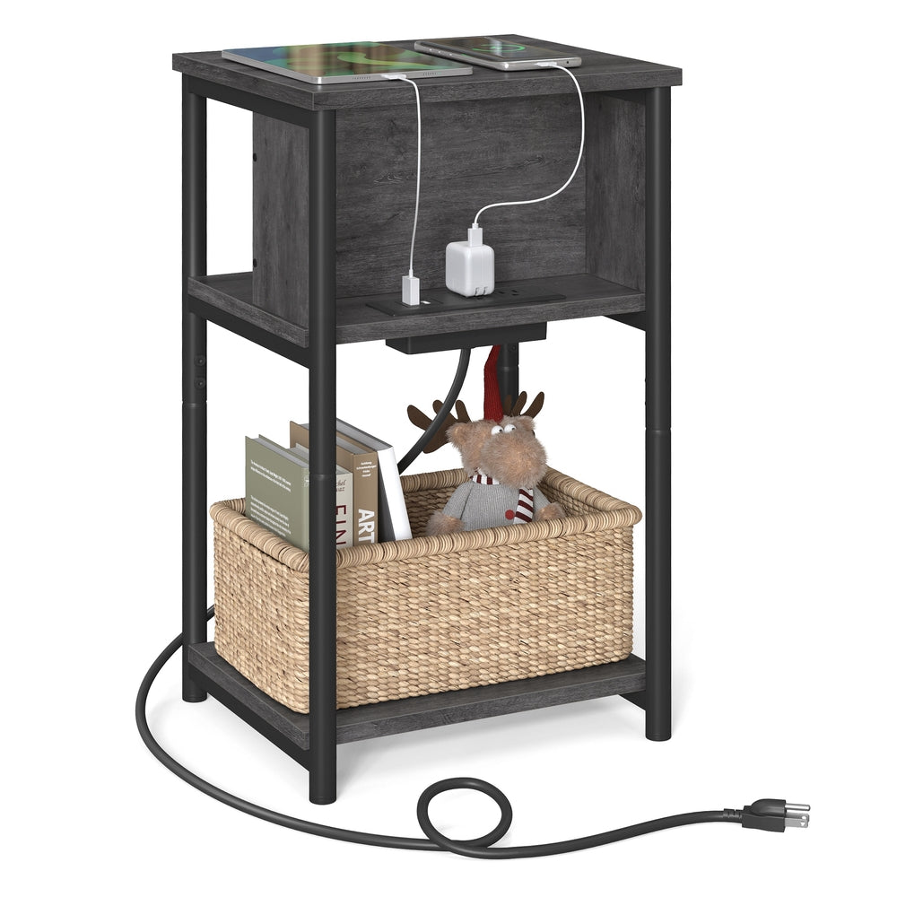 3-Tier End Table with USB Ports and Outlets - Misty Gray, Black