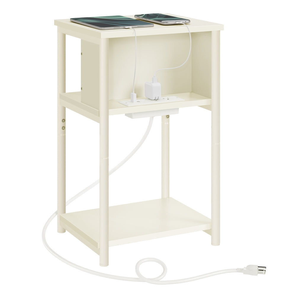 3-Tier End Table with USB Ports and Outlets - Cream White
