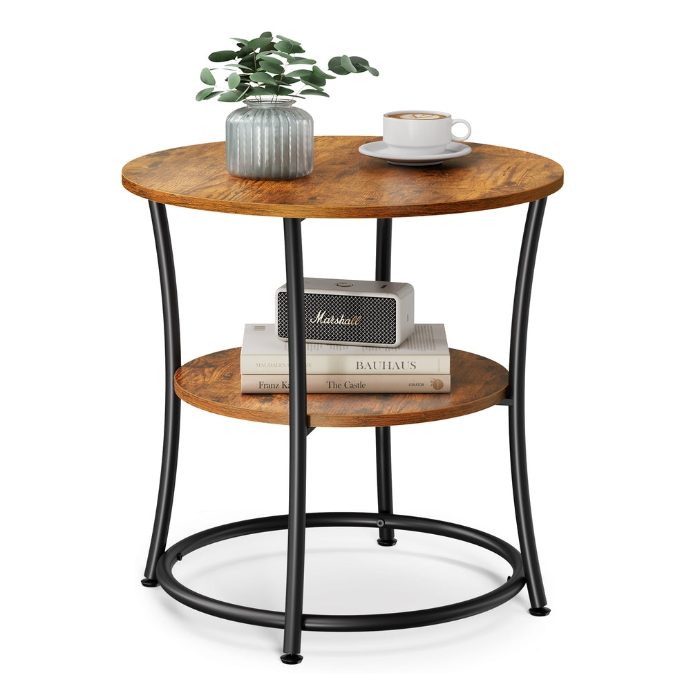 Round End Table with 2 Storage Shelves - Rustic Brown, Ink Black - 21.7” Dia. x 21.7”H