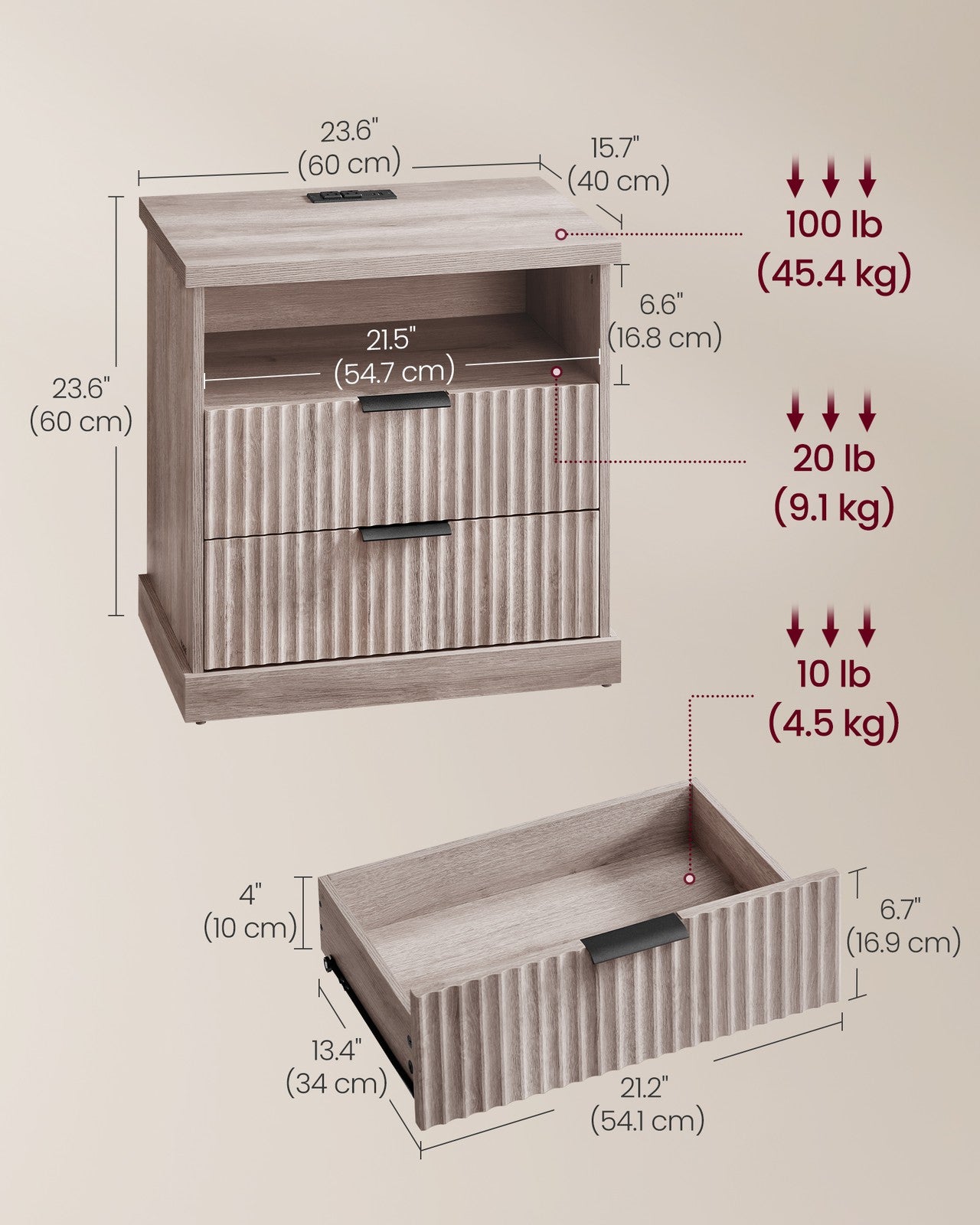 MAXE Collection - Nightstand with Charging Station - Washed Gray