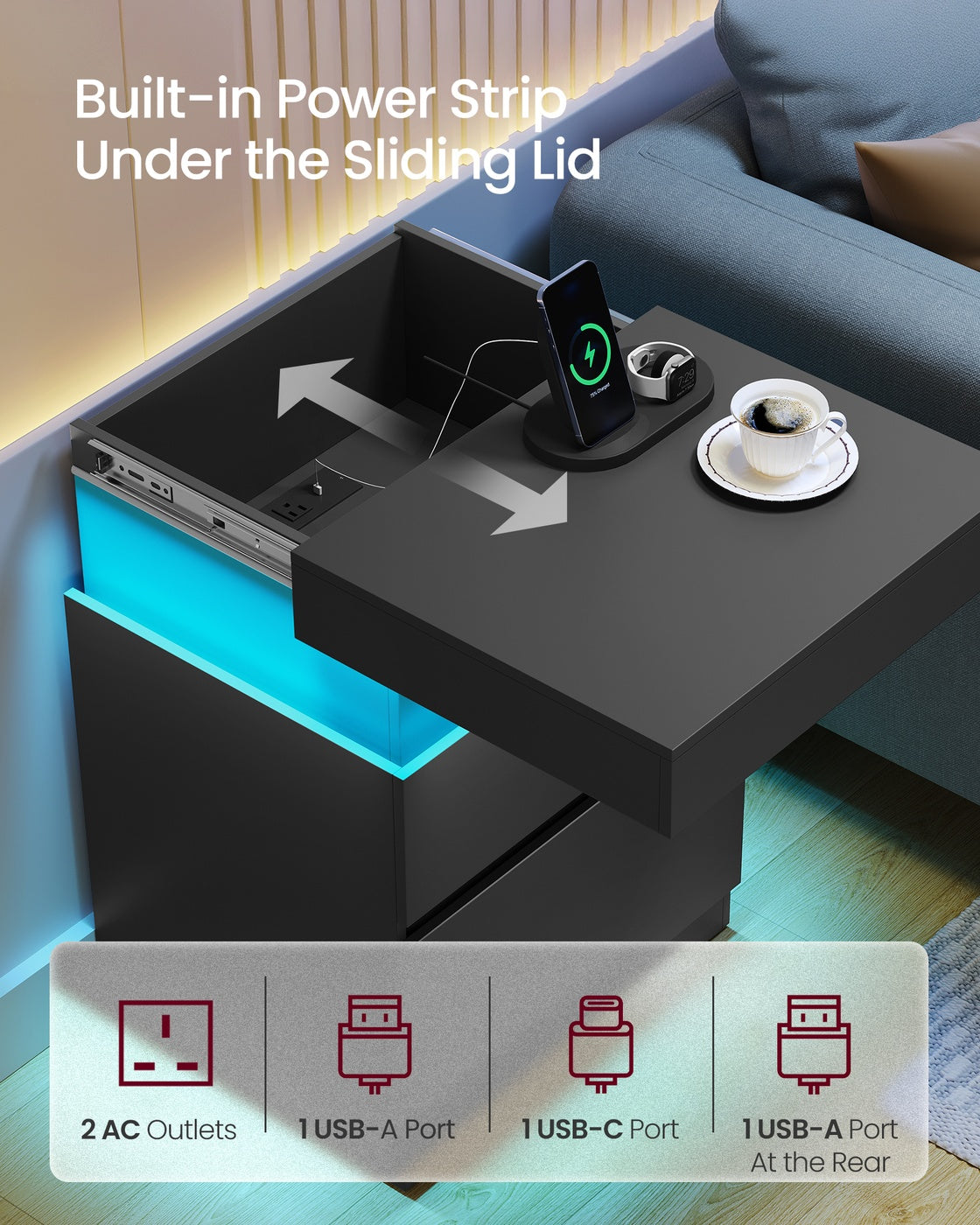 KAILYN Collection - Nightstand with Power Outlets - Sliding Lid - Ink Black
