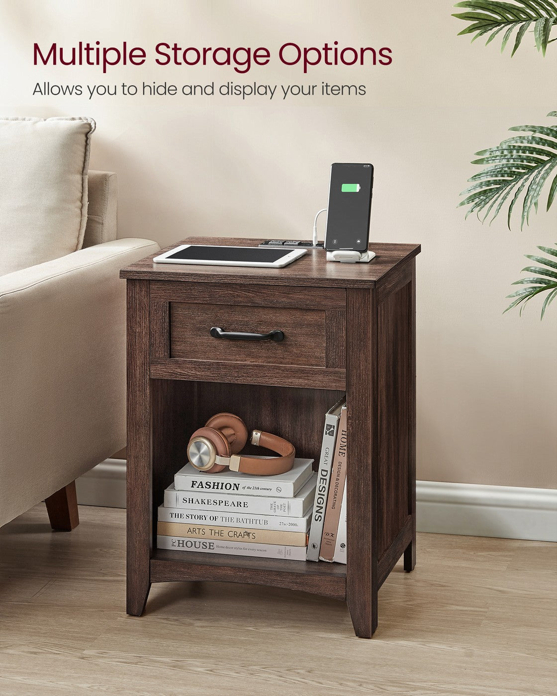 Farmhouse Nightstand - Charging Station - Drawer + Open Shelf - 23.6 Inch
