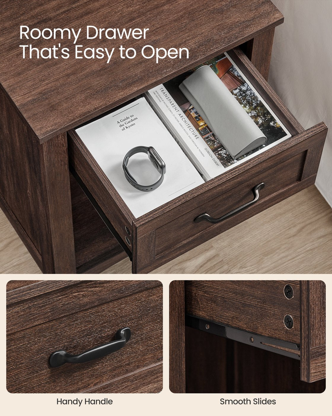 Farmhouse Nightstand - Charging Station - Drawer + Open Shelf - 23.6 Inch