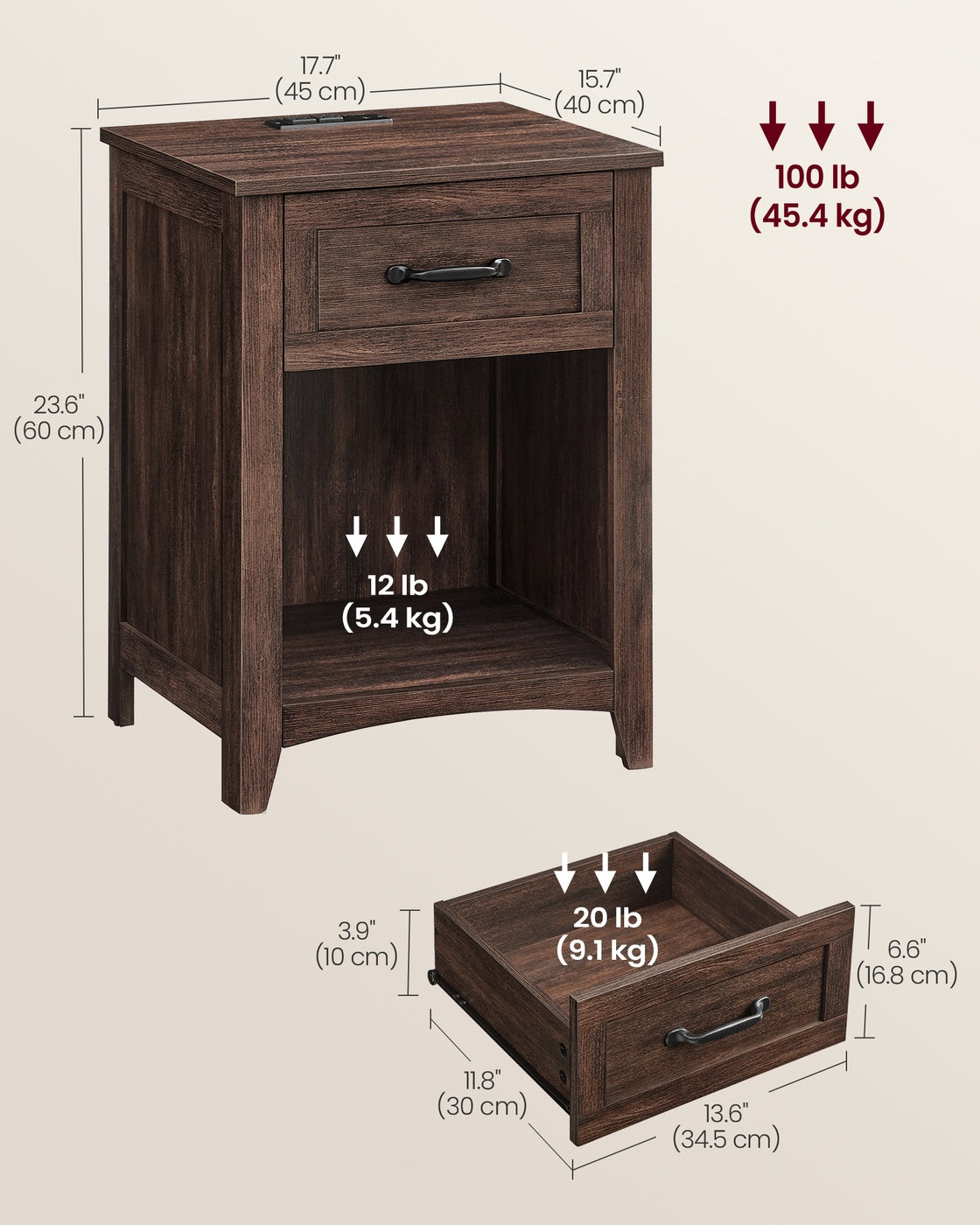 Farmhouse Nightstand - Charging Station - Drawer + Open Shelf - 23.6 Inch