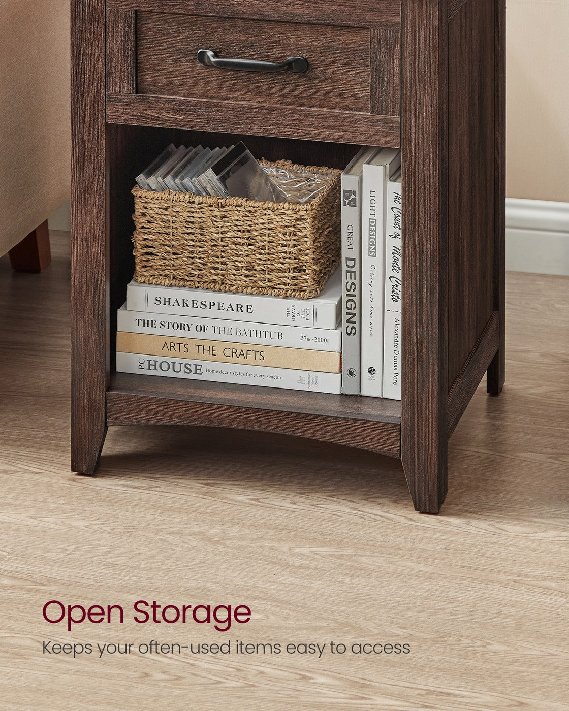 Farmhouse Nightstand - Charging Station - Drawer + Open Shelf - 23.6 Inch