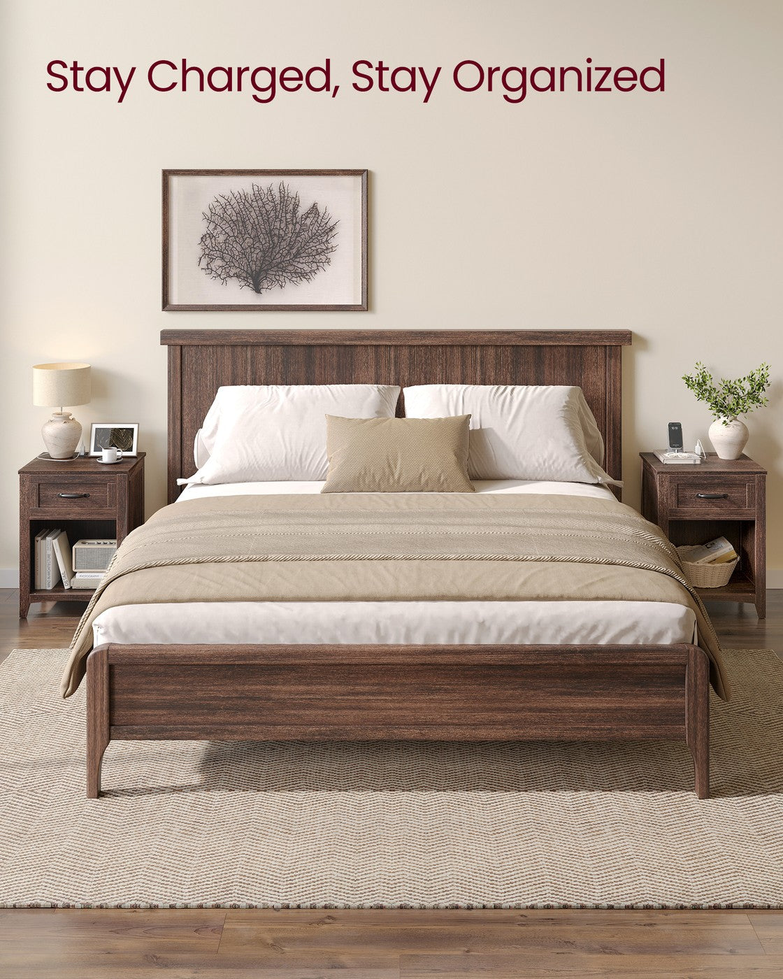 Farmhouse Nightstand - Charging Station - Drawer + Open Shelf - 23.6 Inch