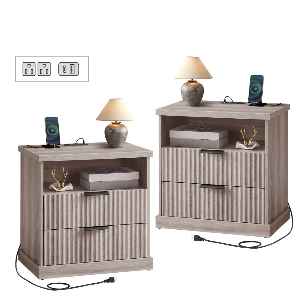 MAXE Collection - Set of 2 Nightstands with Charging Station - Bedside Table - Side End Table with 2 Drawers - Washed Gray