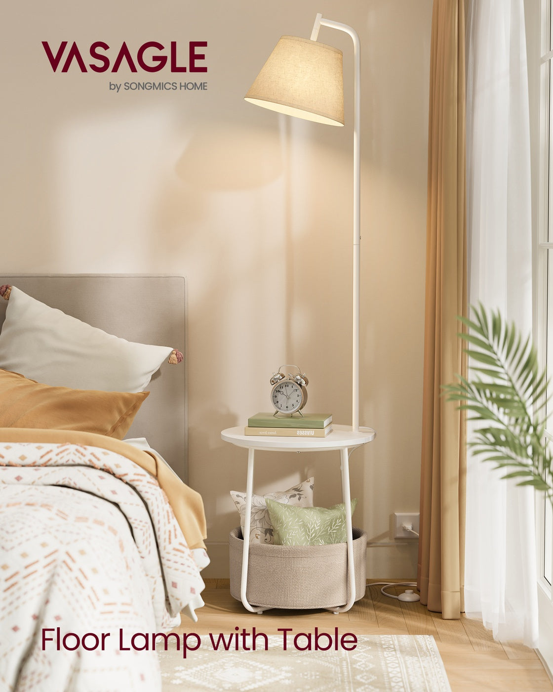 End Table with Lamp - 3-in-1 Floor Lamp with Table and Fabric Basket for Living Room - Tunable LED Bulb Included