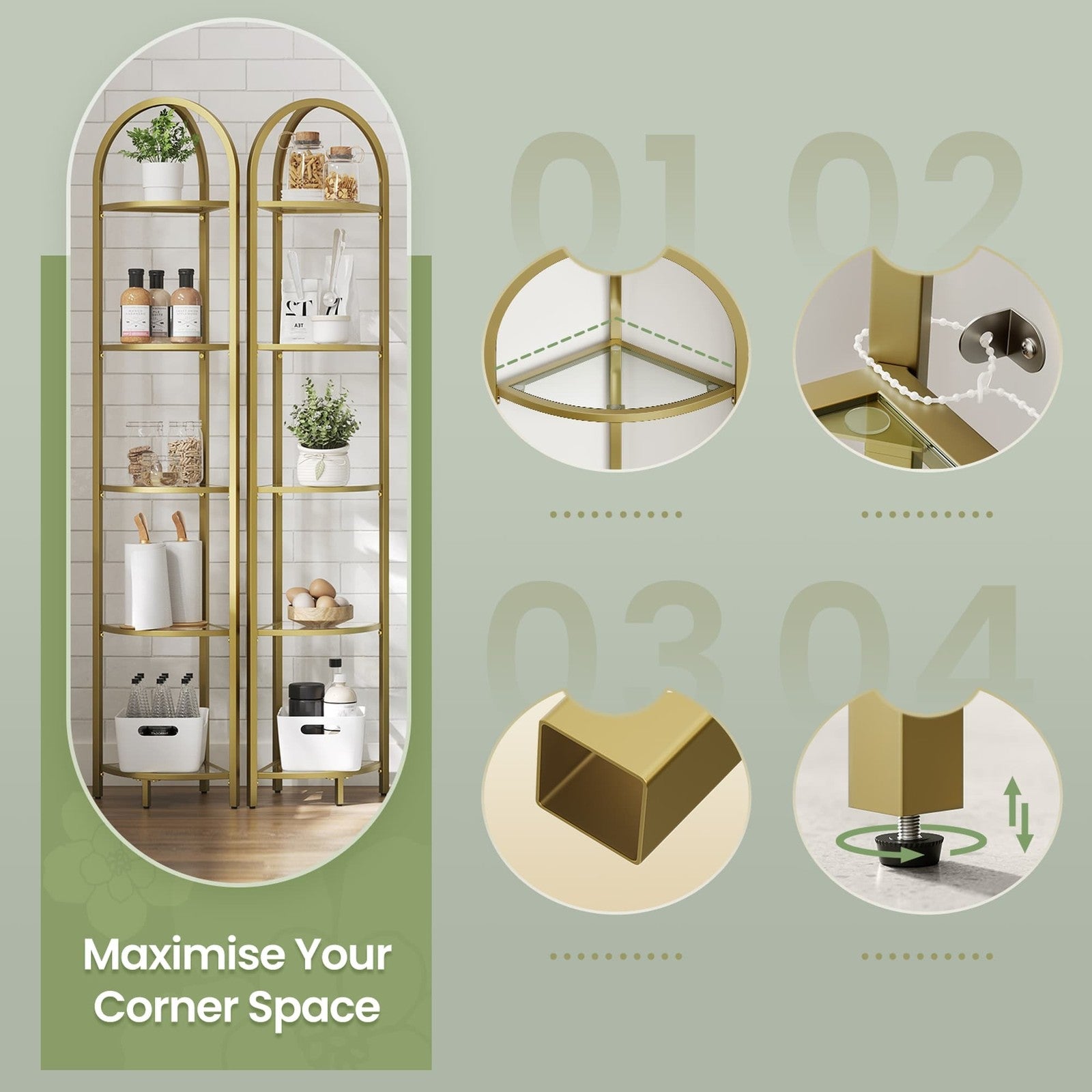 Corner Display Rack with Tempered Glass Shelves for Living Room