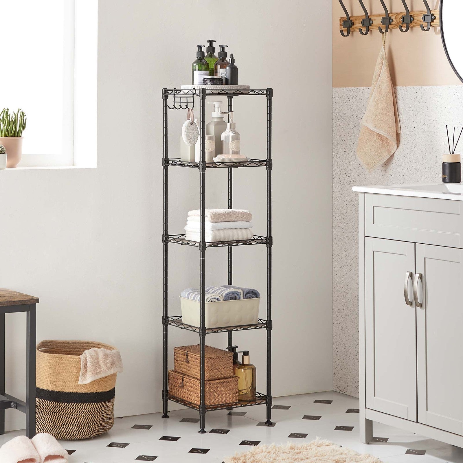 5-Tier Bathroom Shelf - Ink Black, Rustic Brown