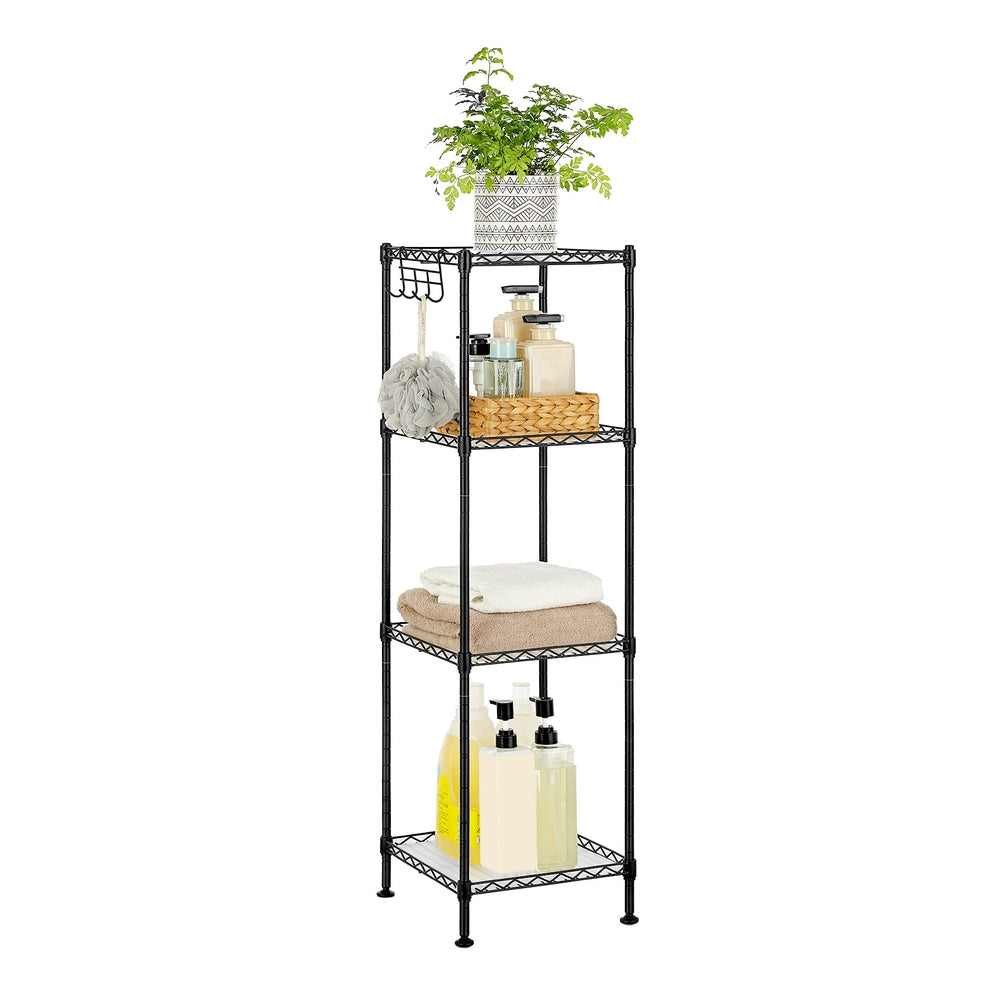 4-Tier Bathroom Shelf with 4 PP Shelf Liners - Removable Hook - Ink Black, Translucent - 11.8''D x 11.8''W x 40.2''H