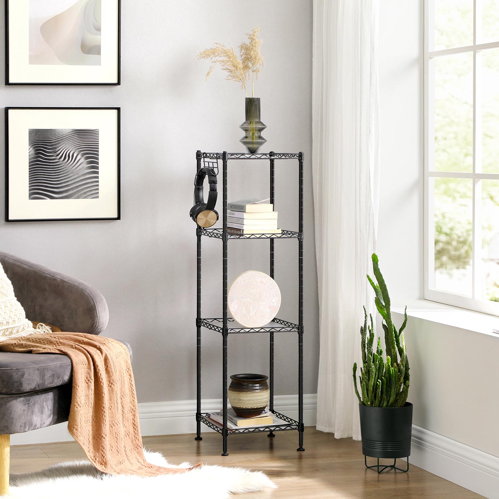 4-Tier Bathroom Shelf with 4 PP Shelf Liners - Removable Hook - Ink Black, Translucent