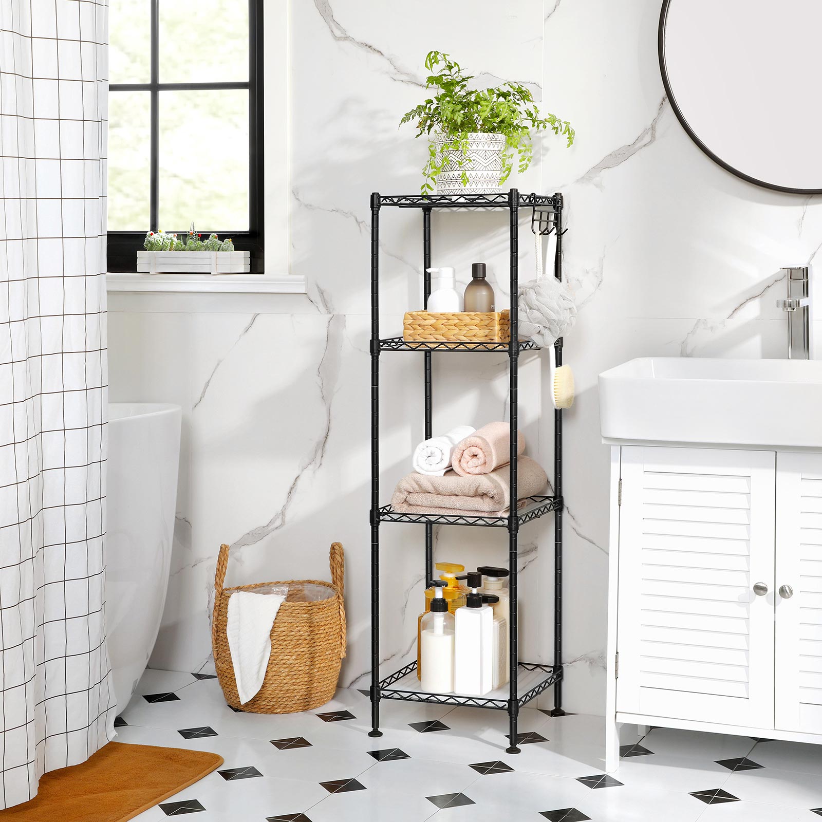 4-Tier Bathroom Shelf with 4 PP Shelf Liners - Removable Hook - Ink Black, Translucent