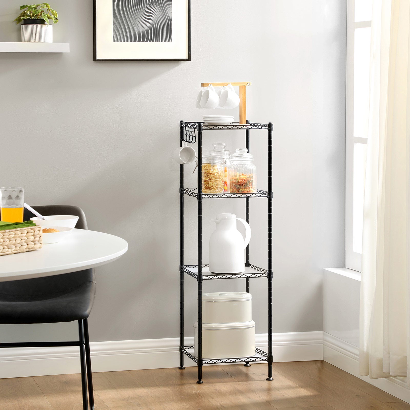 4-Tier Bathroom Shelf with 4 PP Shelf Liners - Removable Hook - Ink Black, Translucent